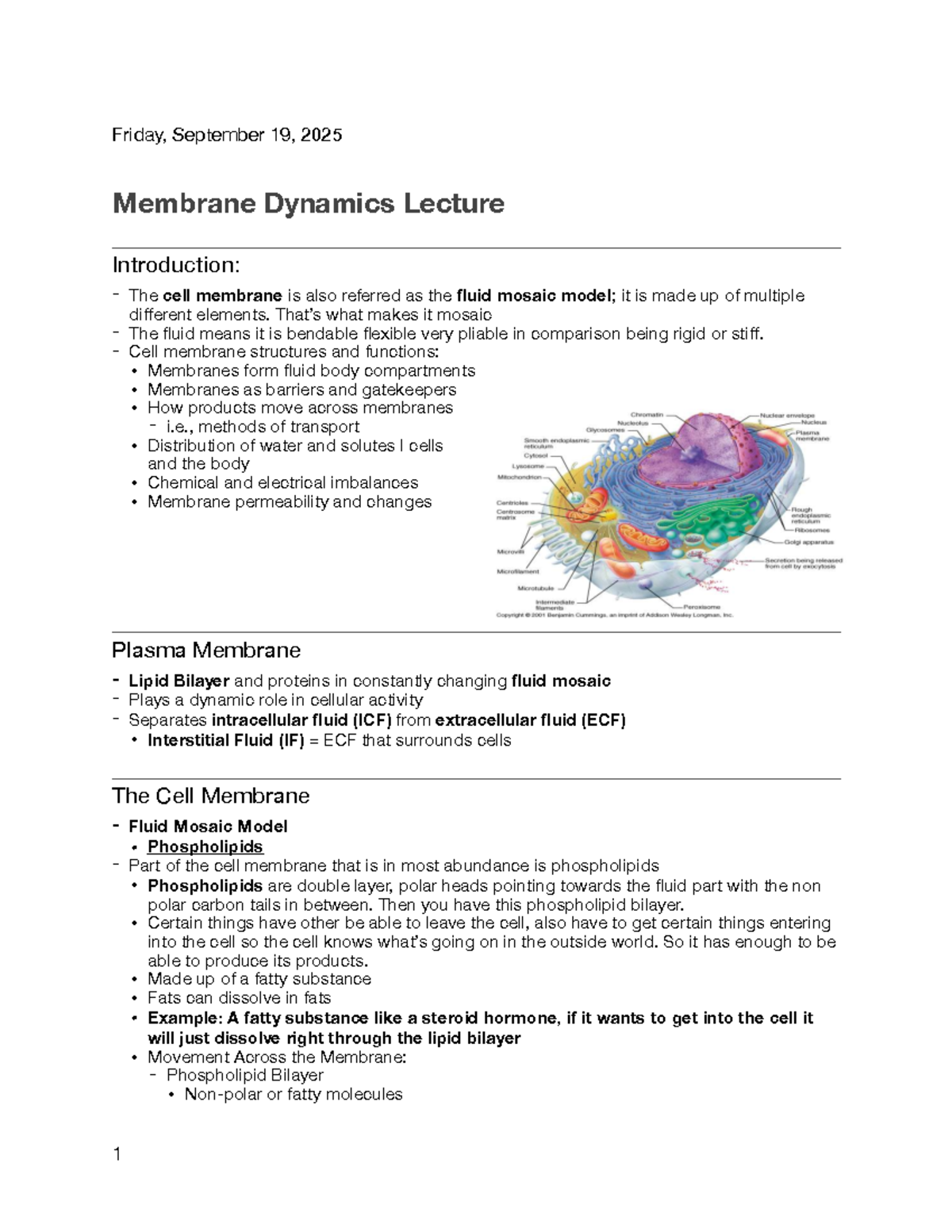 Membrane Dynamics and Transport Mechanisms Lecture Notes (BIO 101 ...