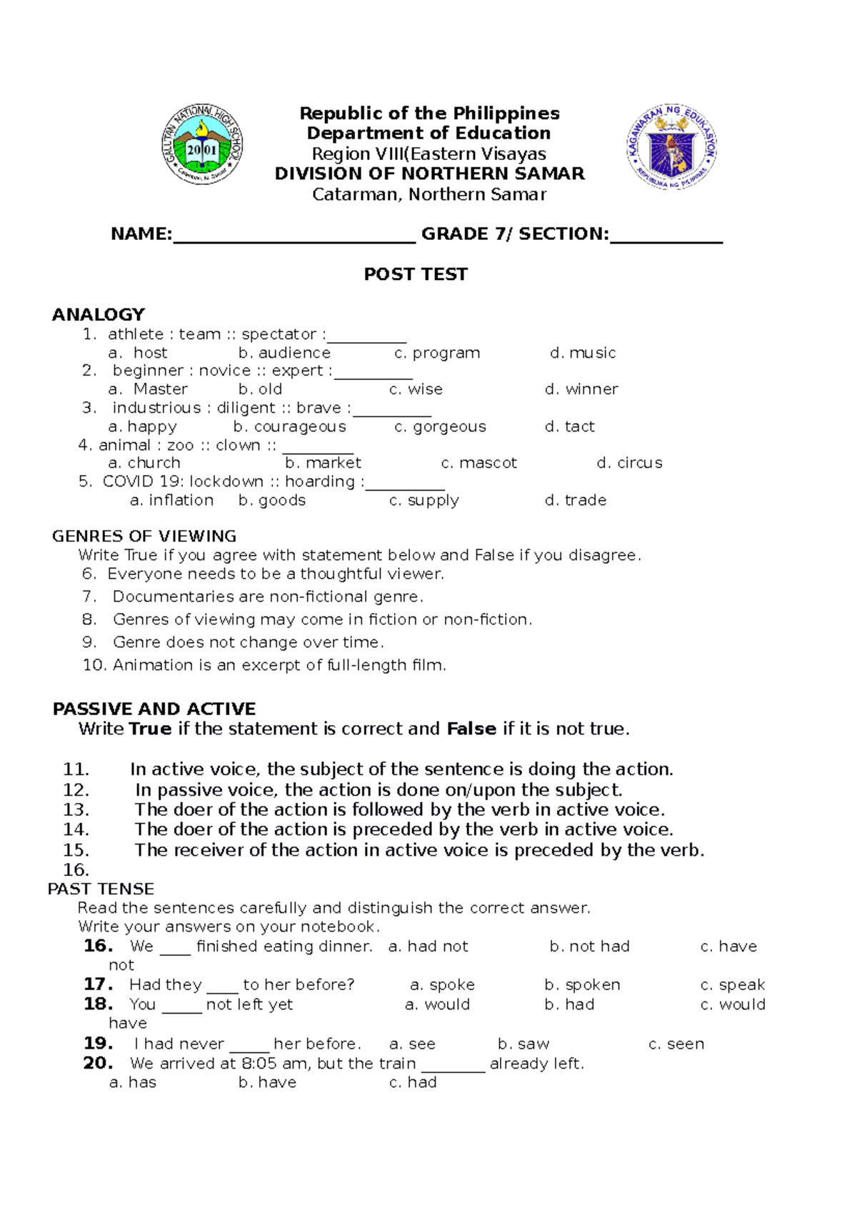 POST TEST - English 7: Analogies, Tenses, and Speech Types - Studocu