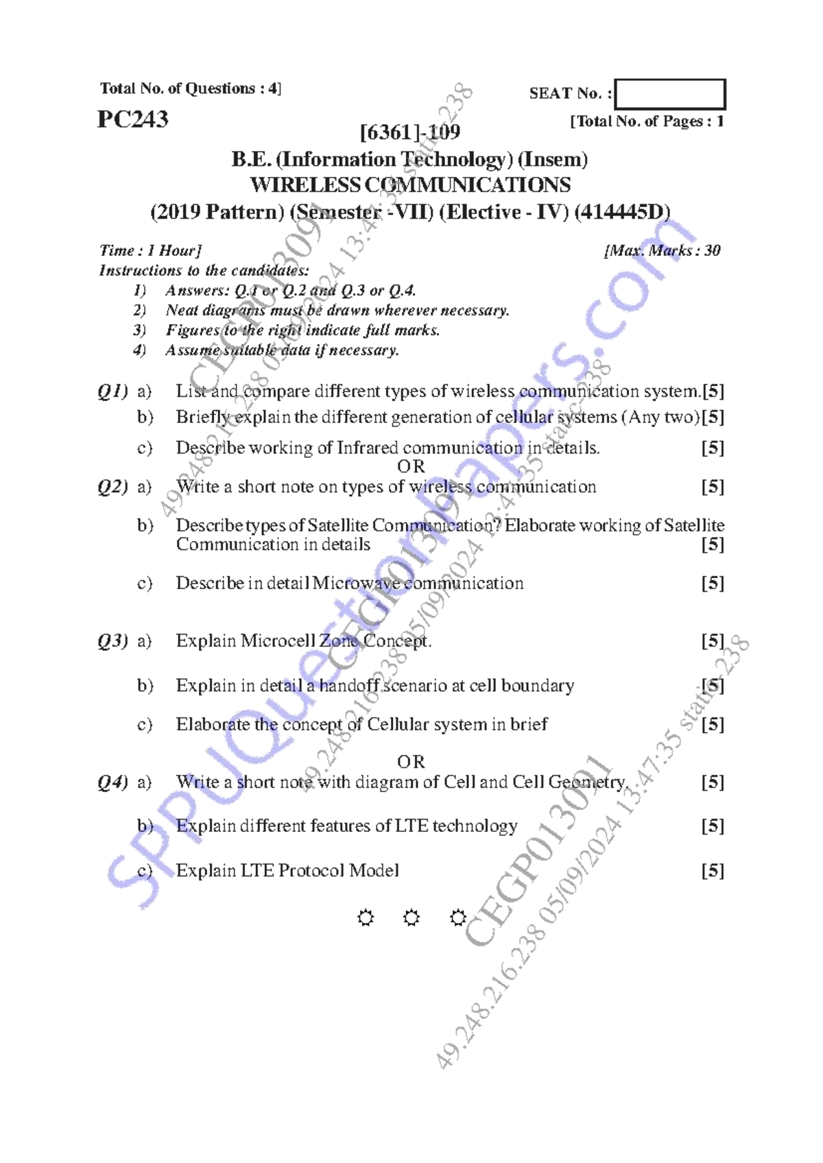PC243 Wireless Communications Insem Question Paper (2019 Pattern) - Studocu