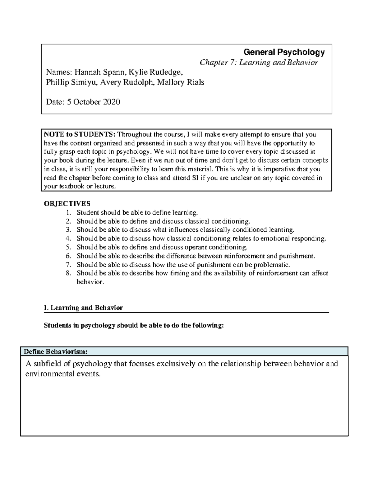 Ch. 7 Learning and Behavior - Overview of Conditioning Theories - Studocu