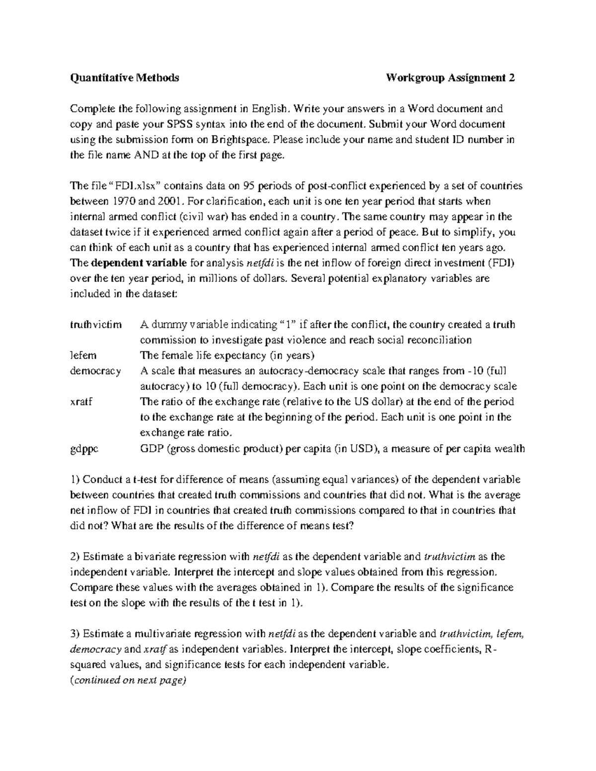 Quantitative Methods Assignment 2 - Workgroup Analysis on FDI - Studeersnel