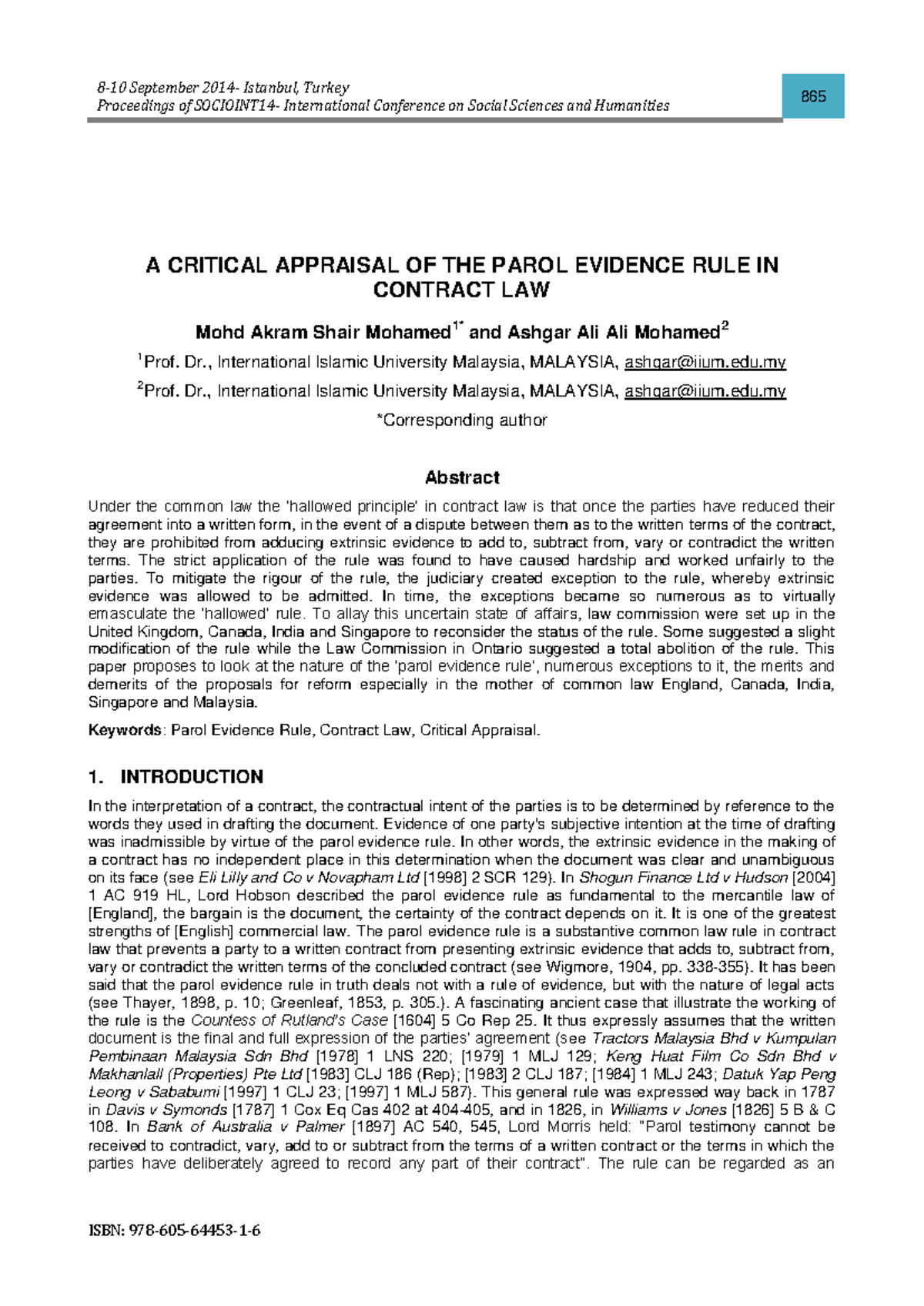A Critical Appraisal OF THE Parol Evidence RULE IN Contract LAW ...