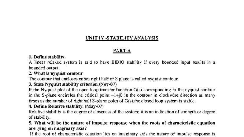 UNIT IV Stability Analysis: Key Concepts and Criteria - Studocu