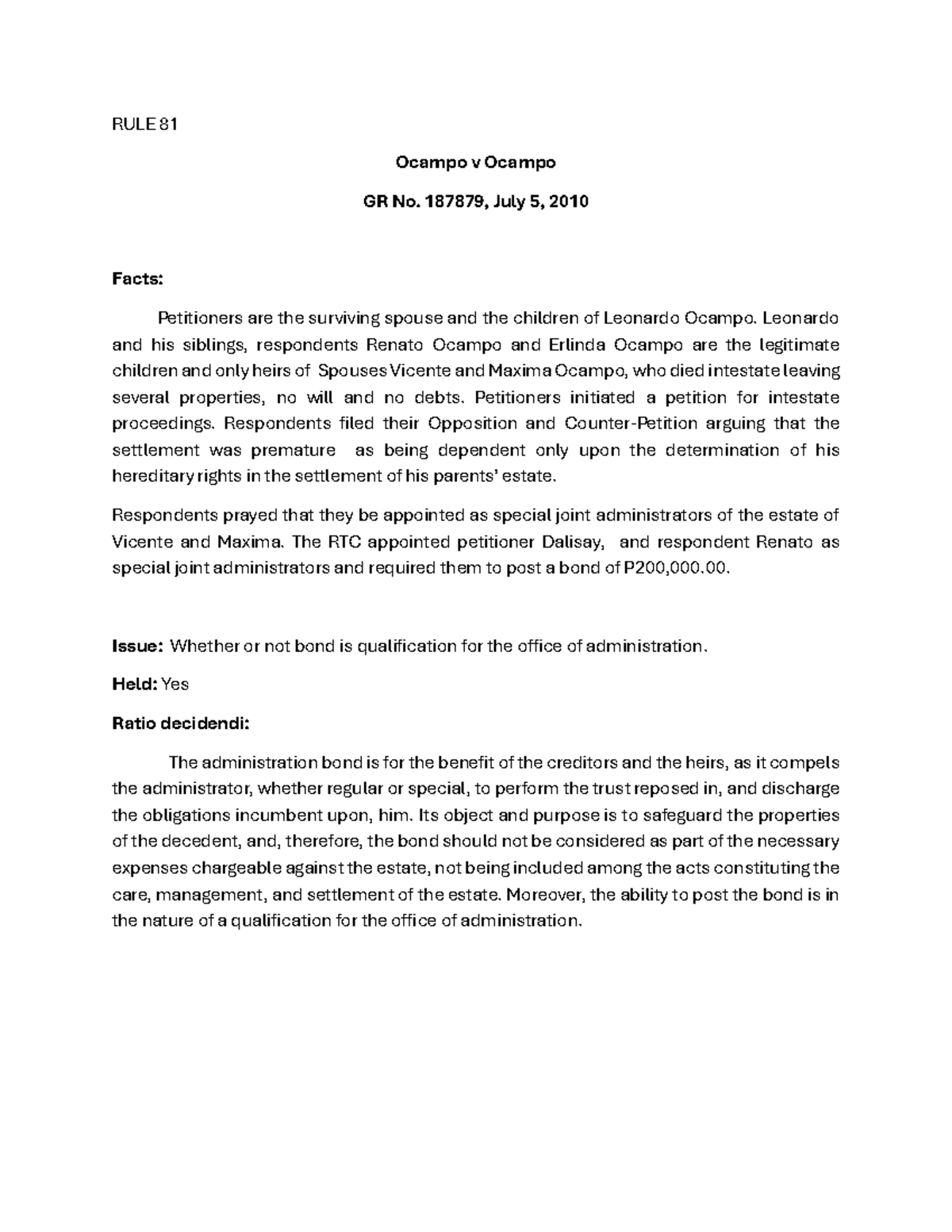 RULE 81 to 84 Special Proceedings Case Digest and Analysis - Studocu
