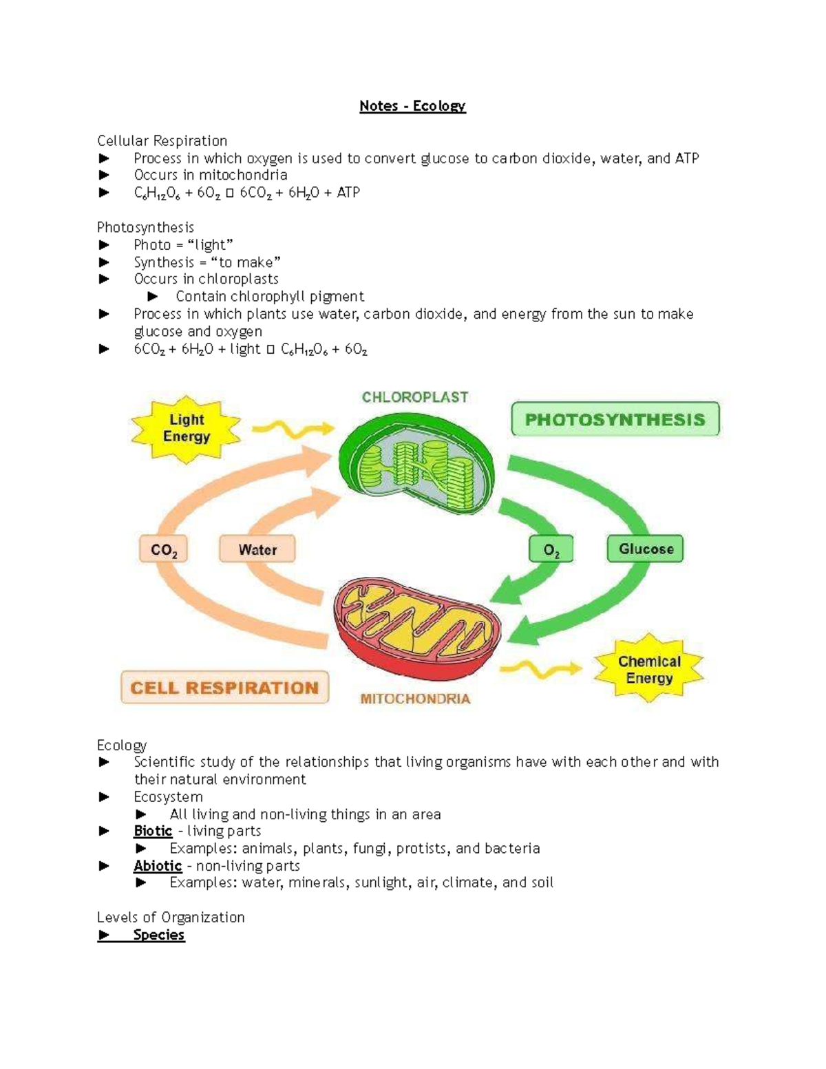 Ecology Lecture Notes: Cellular Respiration & Photosynthesis - Studocu