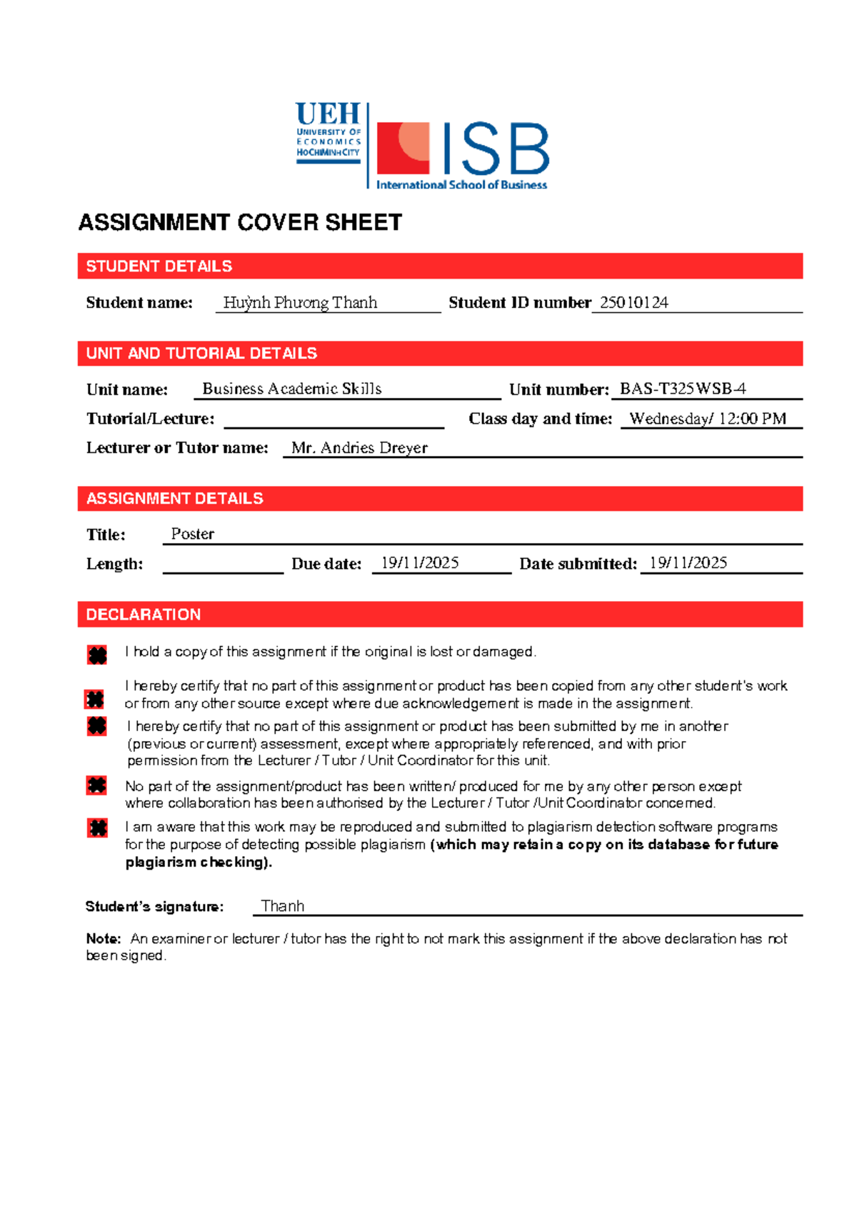 BAS-T325WSB-4 Assignment Cover Sheet for Poster Submission - Studocu