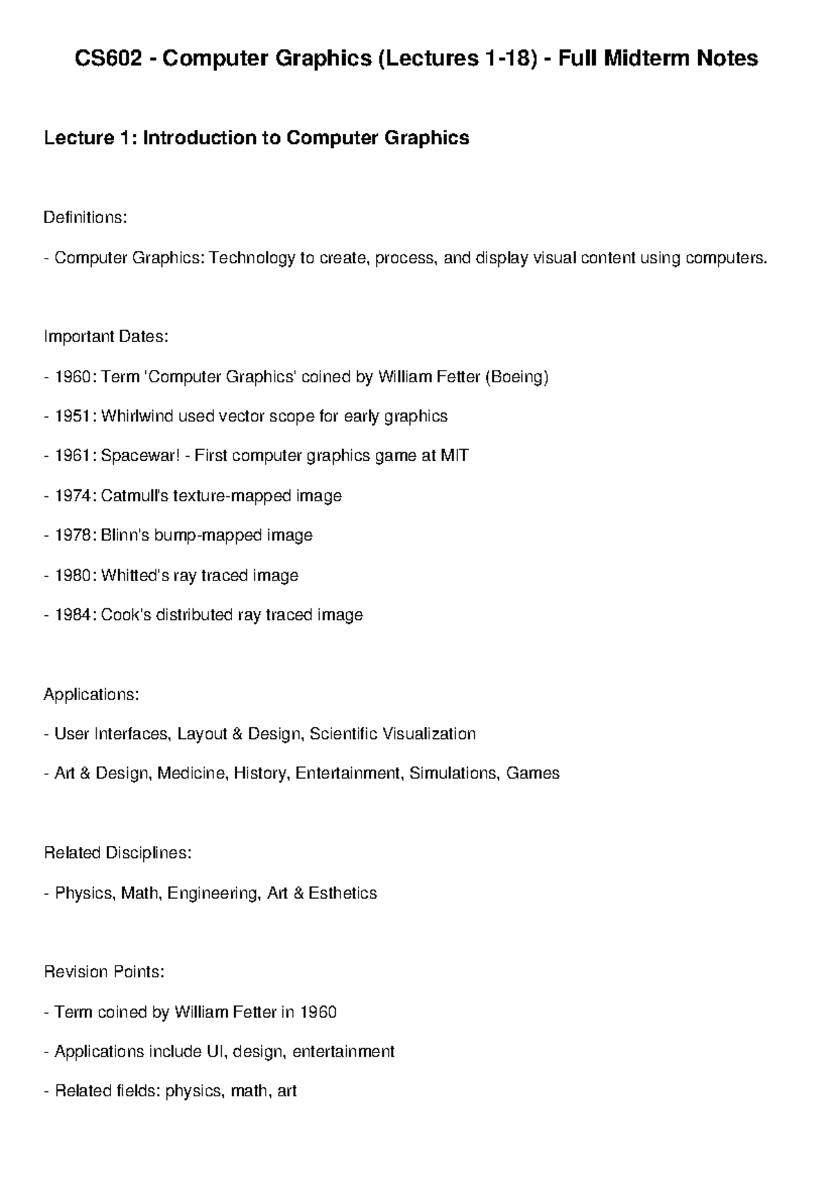 CS602 Computer Graphics Midterm Notes: Lec 1 - Intro & Key Concepts ...