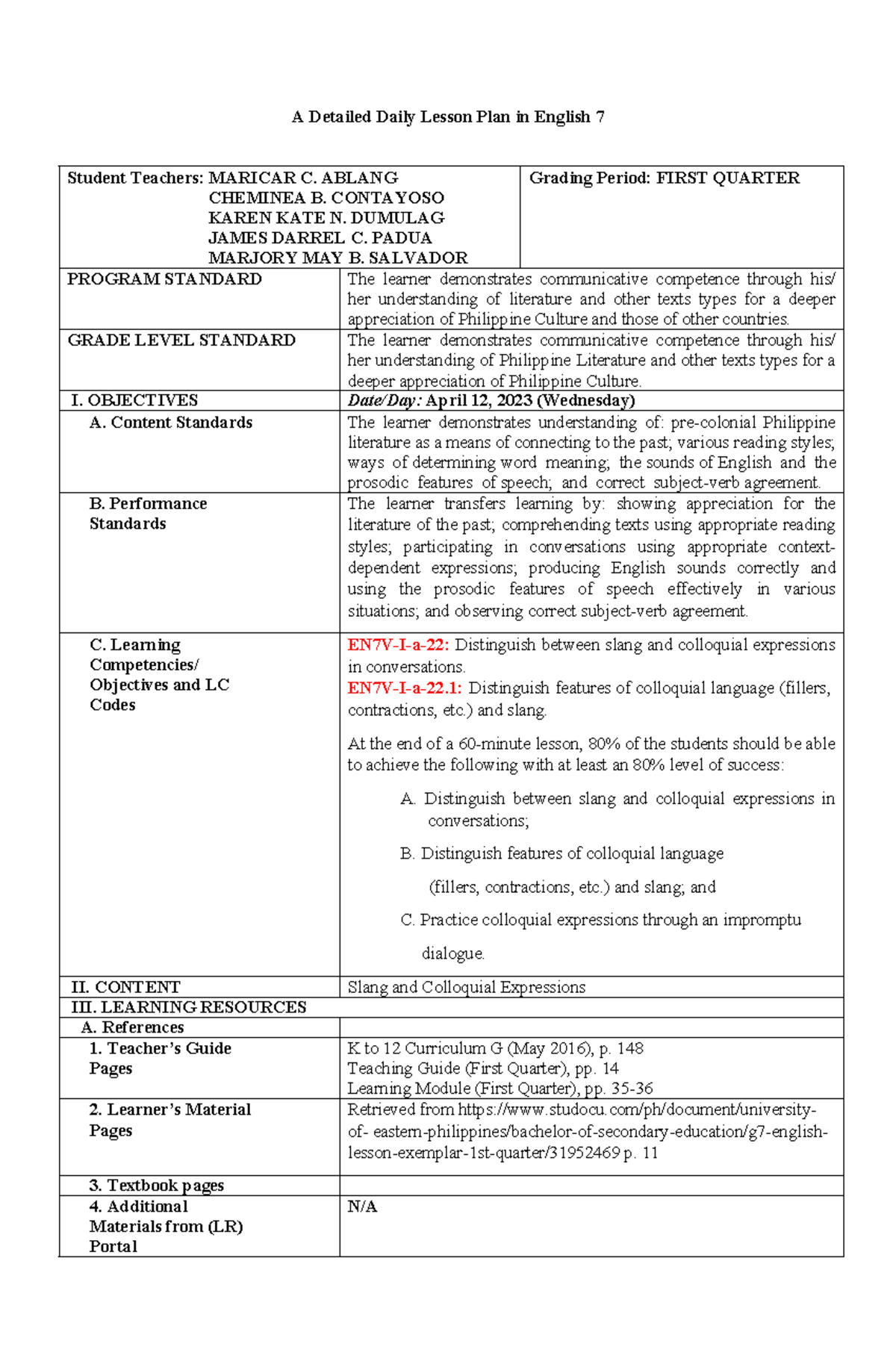 Detailed Lesson Plan - A Detailed Daily Lesson Plan in English 7 ...