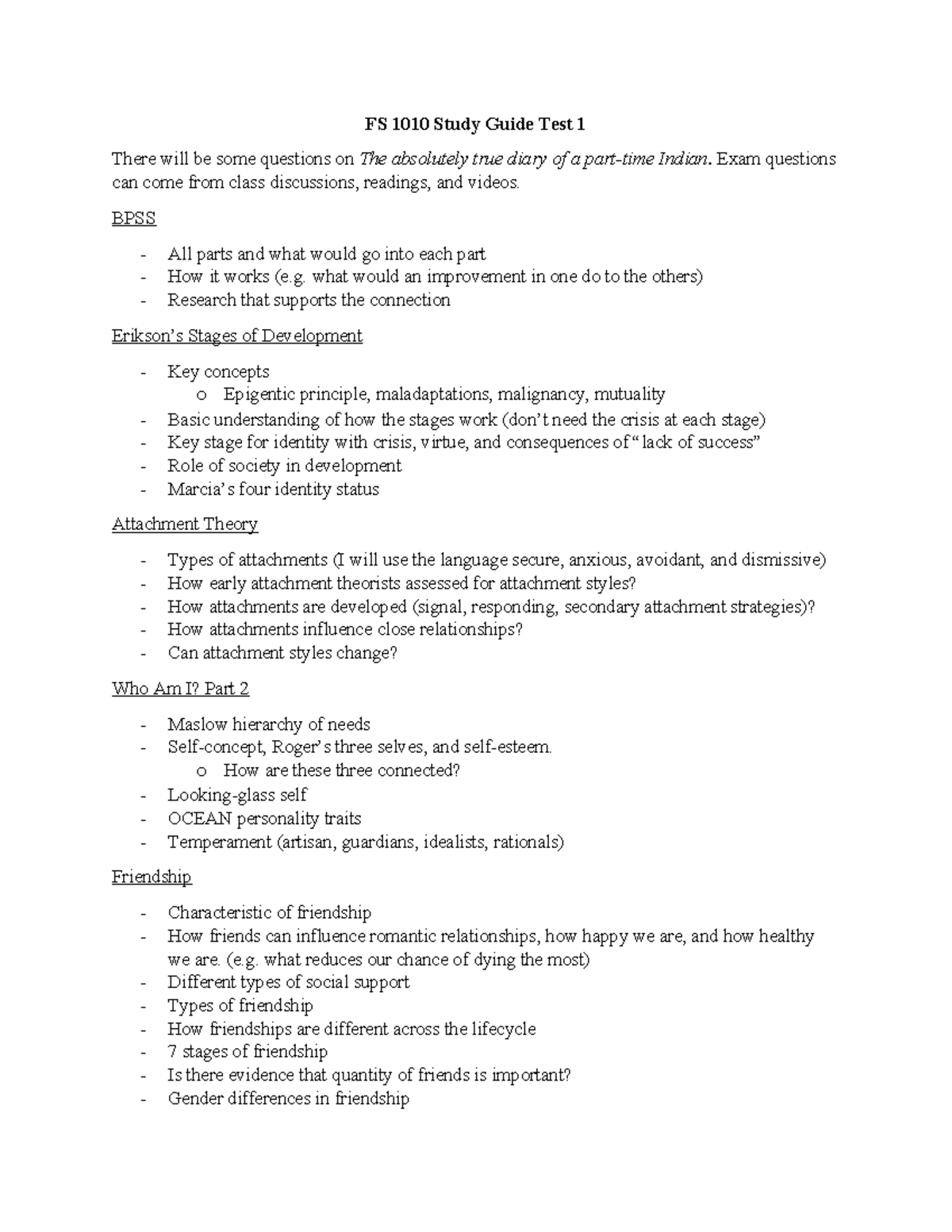 FS 1010 Study Guide: Key Concepts for Test 1 Preparation - Studocu