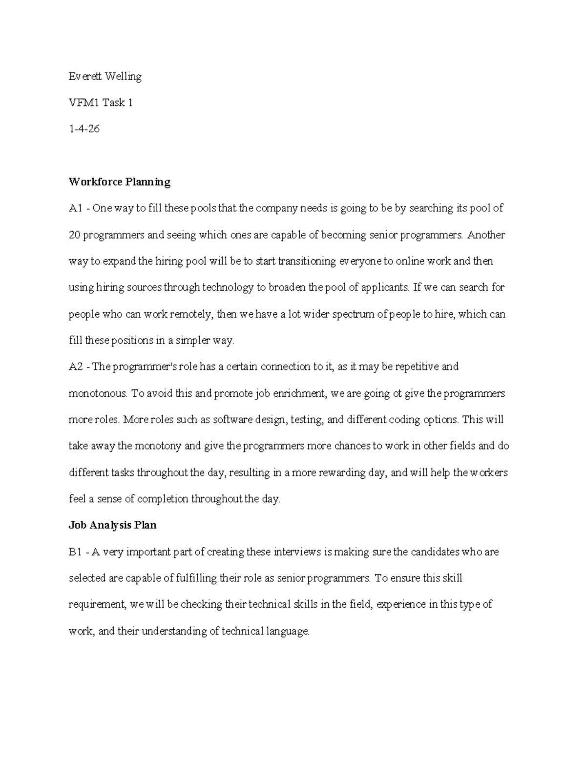VFM1 Task 1-3: Workforce Planning Strategies and Job Analysis - Studocu