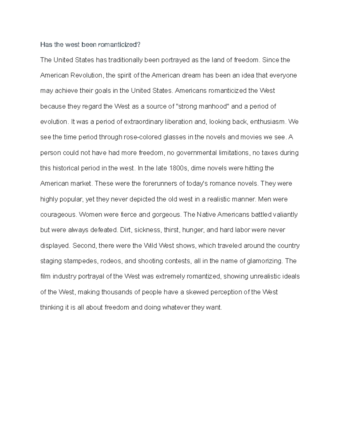 Romanticization of the American West: An Analysis - HIST 1302 - Studocu