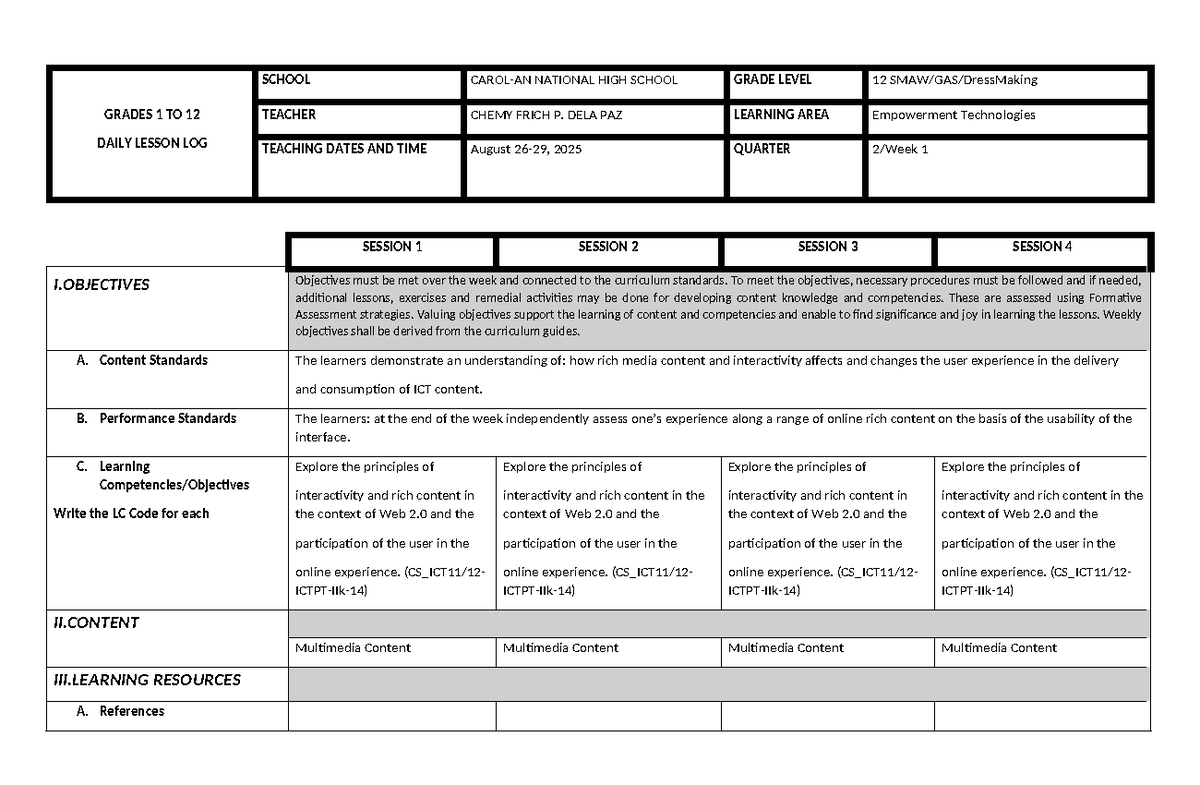 ET Q2 W1 - Daily Lesson Log for Empowerment Technologies - Studocu