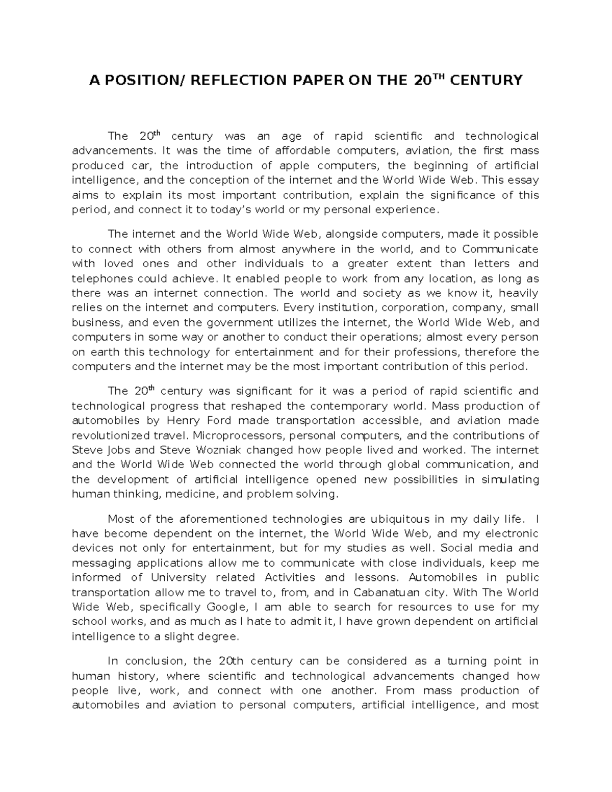 Position Paper on 20th Century Technological Advancements - Studocu