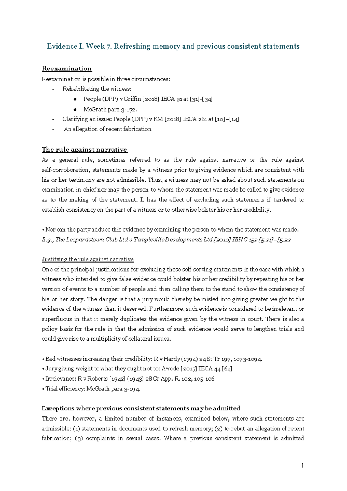 Evidence I: W7 Refreshing Memory & Previous Consistent Statements - Studocu