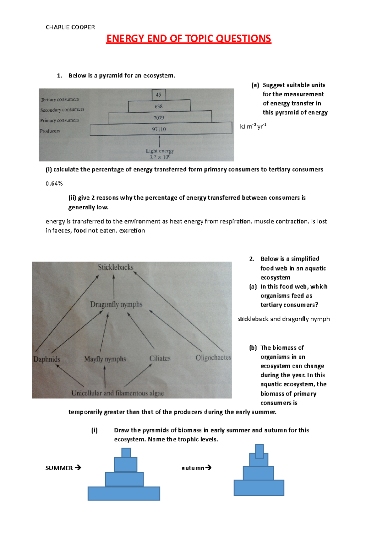 Energy Transfer Questions for Biology 101: Ecosystem Dynamics and Food ...