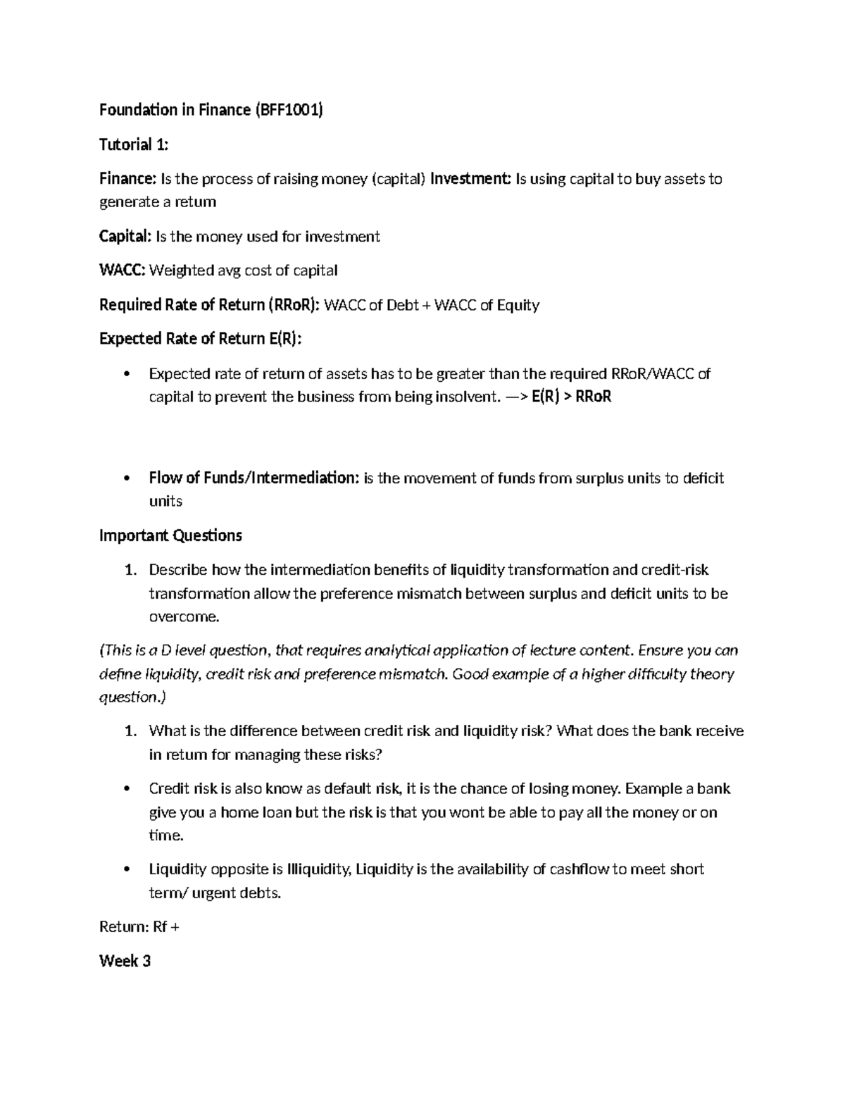 Foundation in Finance Notes Week 1-5 - Foundation in Finance (BFF1001 ...