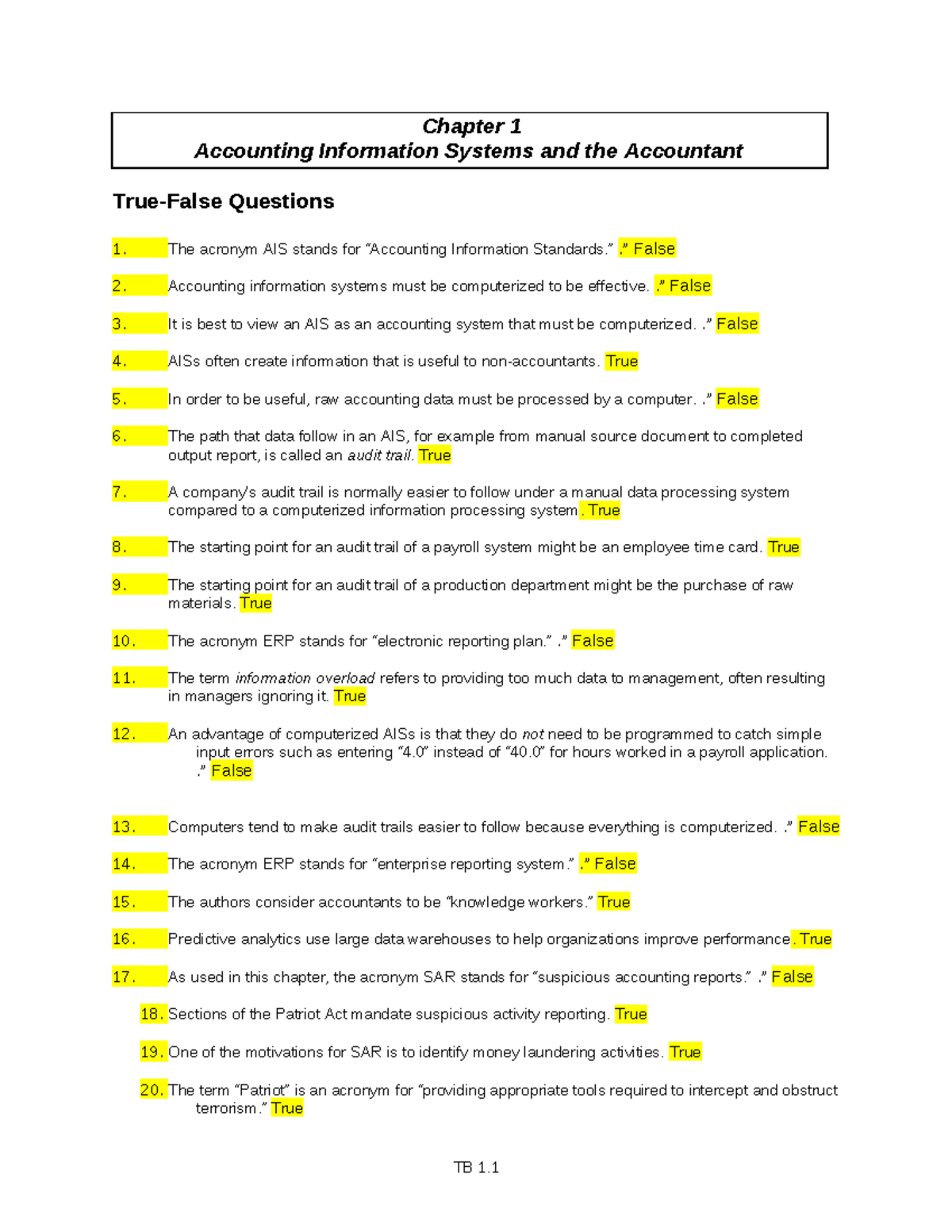 Test 1 - ..... - Chapter 1 Accounting Information Systems and the ...