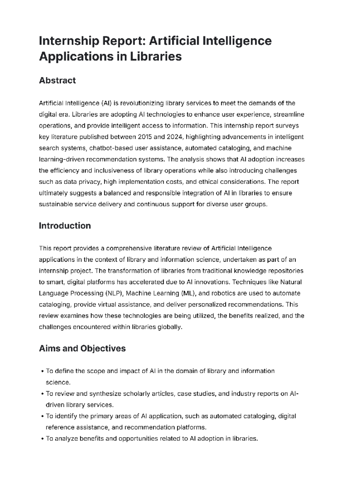 Internship Report: AI Applications in Libraries (2015-2024) - Studocu