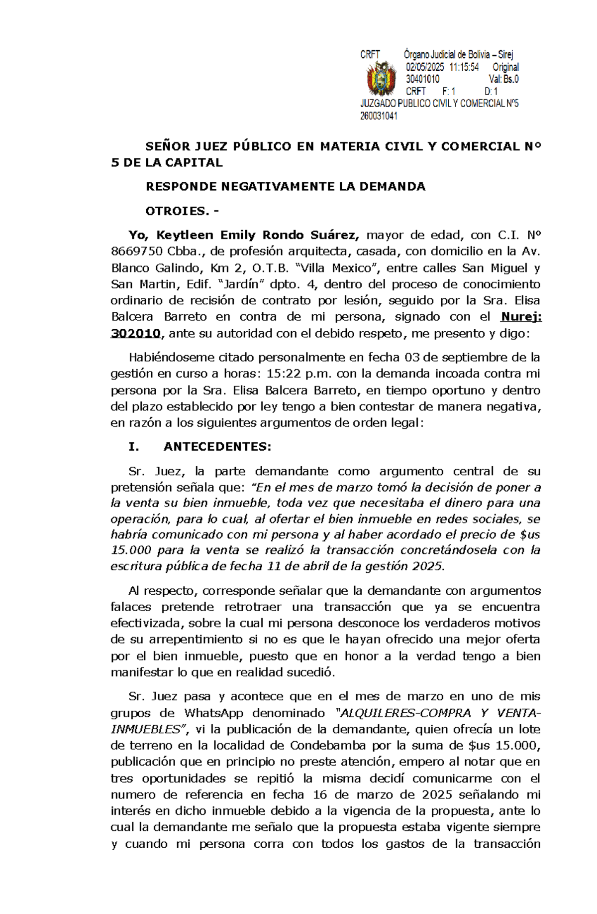 SEÑOR JUEZ PÚBLICO EN MATERIA CIVIL Y COMERCIAL Nº 5: RESPUESTA A DEMANDA - Document Preview