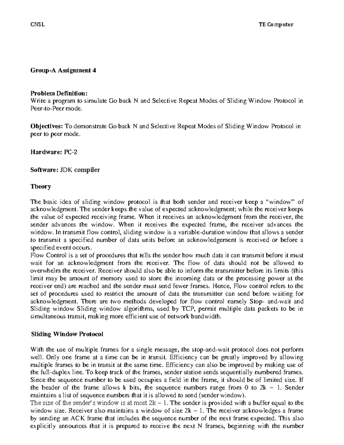 CNSL TE Computer Assignment 4: Sliding Window Protocol Simulation - Studocu