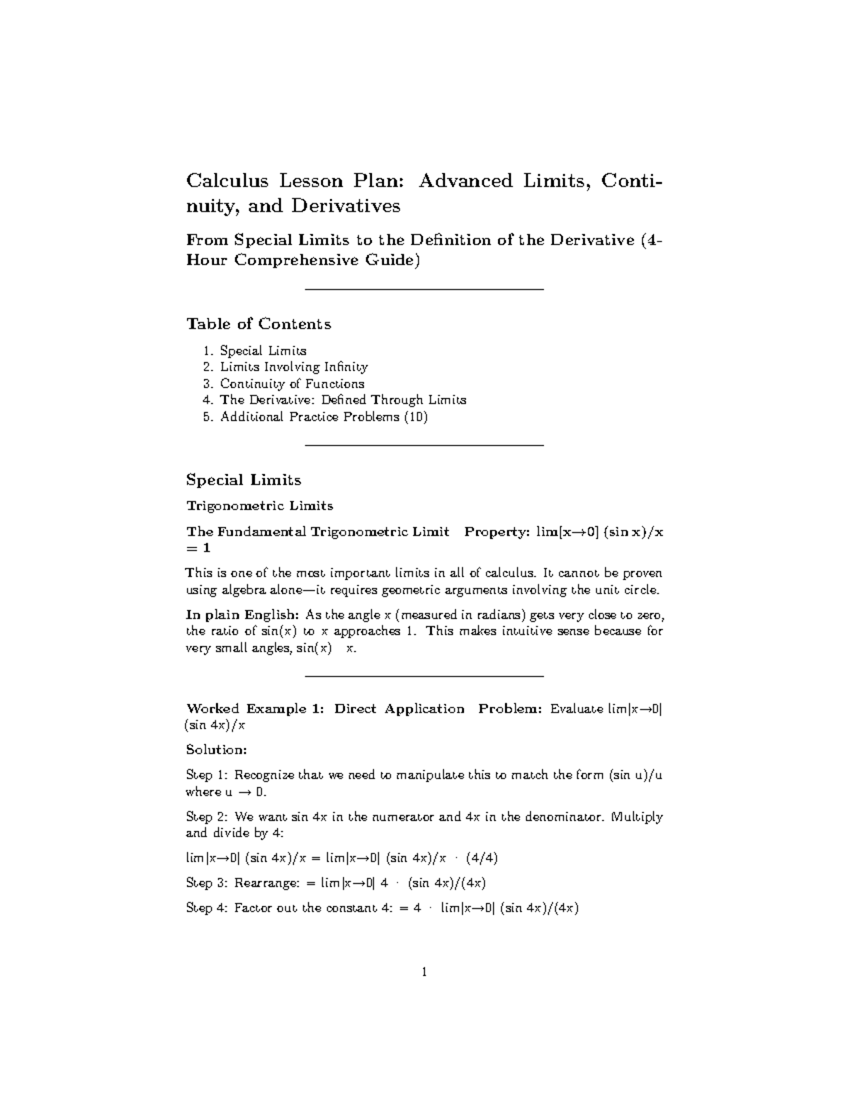 Calculus Lesson Plan: Advanced Limits, Continuity, and Derivatives ...