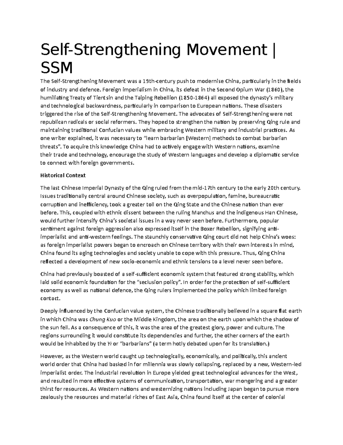 SSM - Notes on the Self-Strengthening Movement in China - Studocu