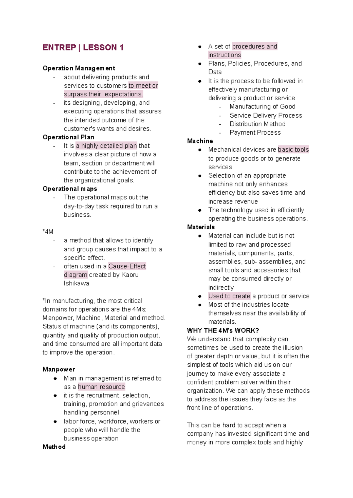 Entrepreneurship reveiwer - ENTREP | LESSON 1 Operation Management ...