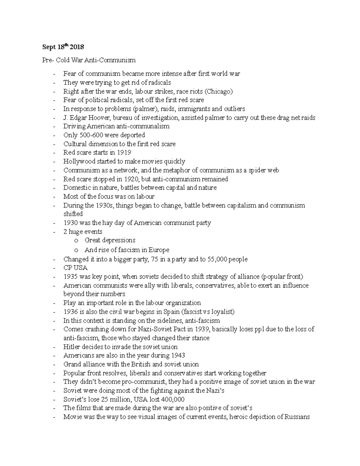 HIST 200 LEC notes - Sept 18th 2018 Cold War Fear of communism became ...