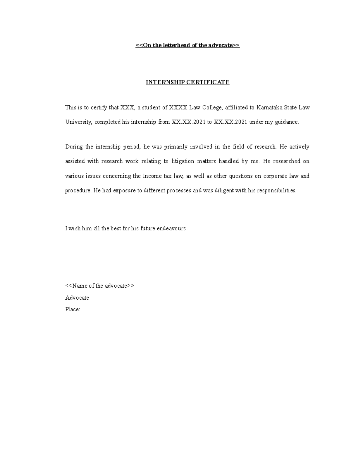 Internship Certificate Format for Law Students: Sample Template - Studocu