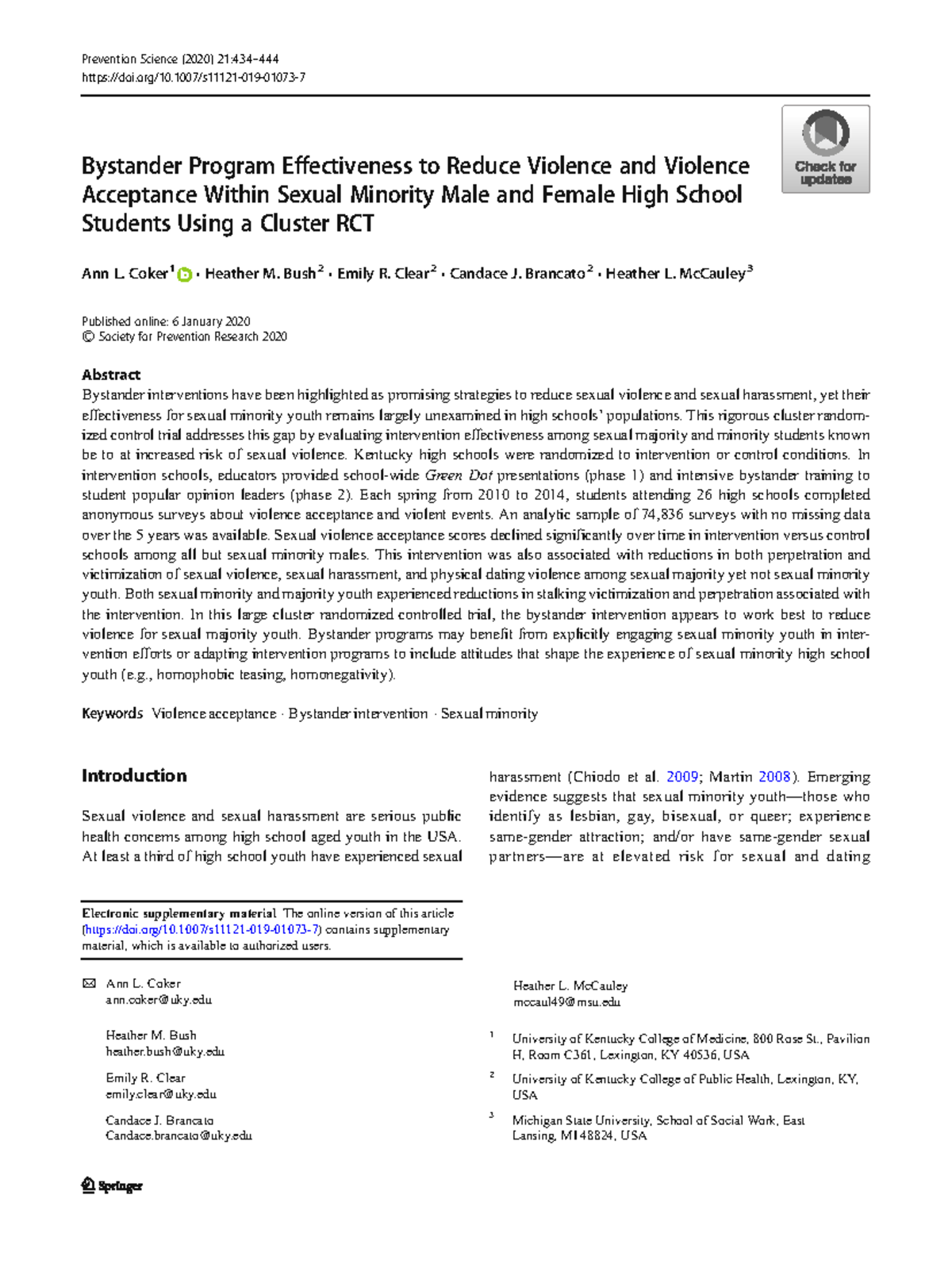 Bystander Program Effectiveness to Reduce Violence Acceptance in High ...