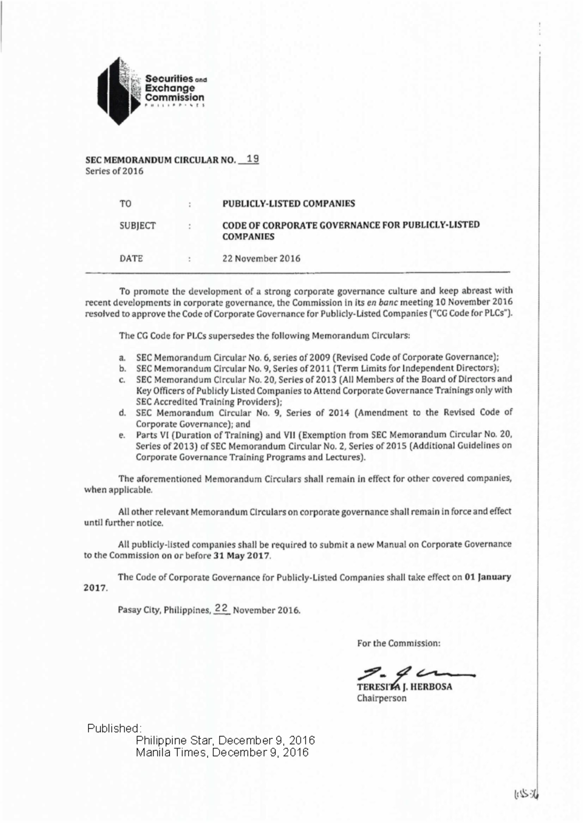 Code of Corporate Governance for Publicly Listed Companies (SEC 2016 ...