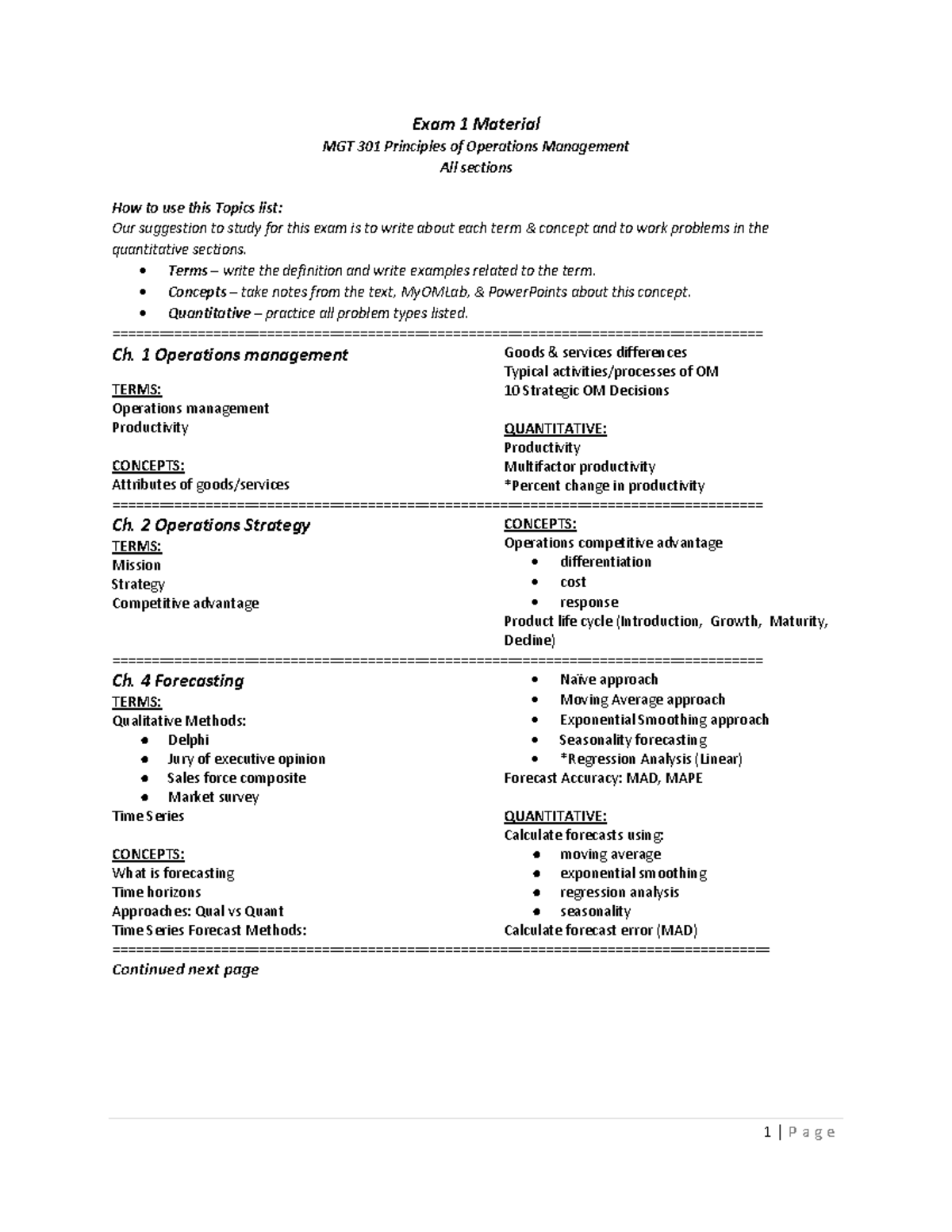 MGT 301 Exam 1 Material: Principles of Operations Management Notes - 1 ...