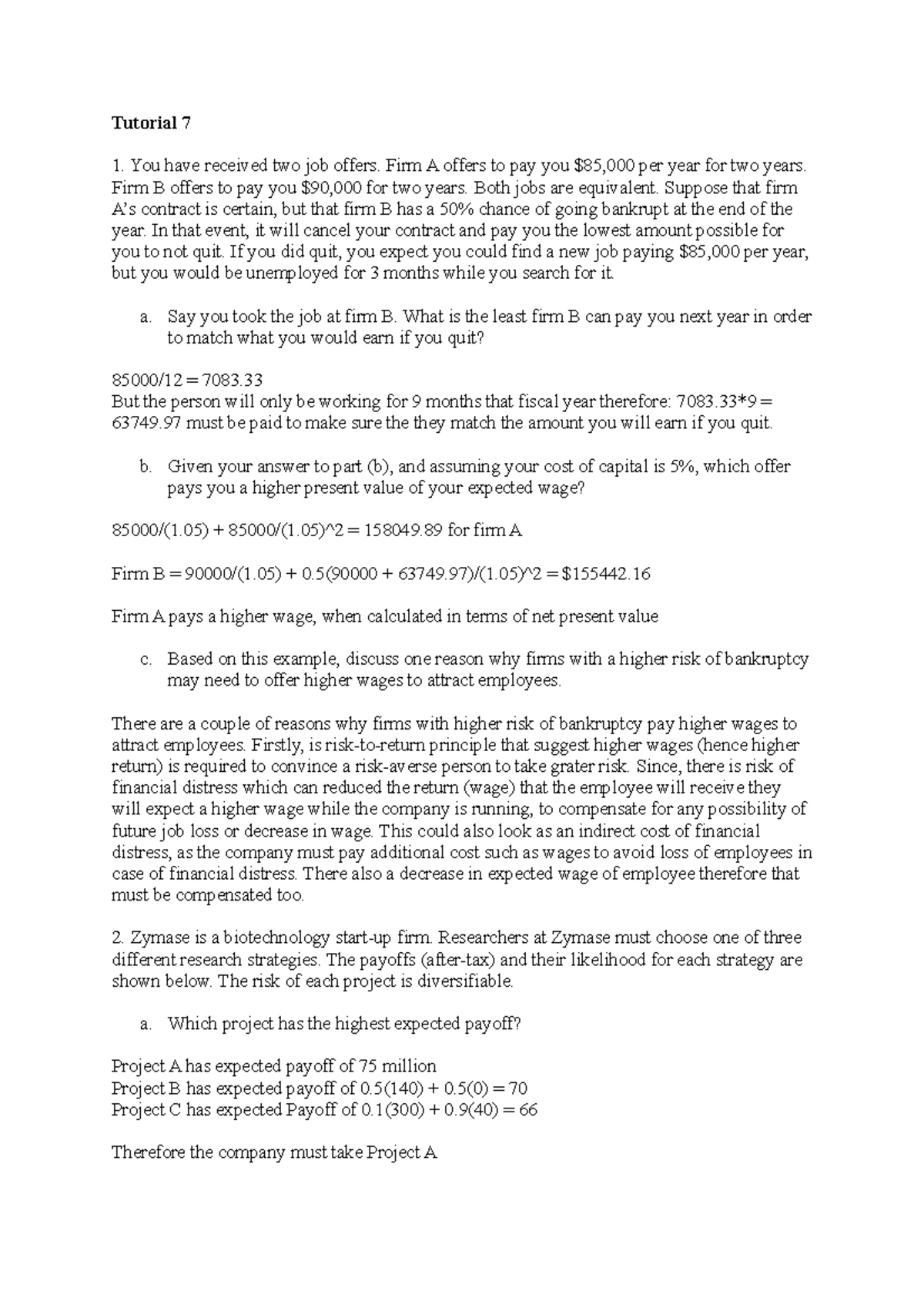 Tutorial 7 - Job Offers, Risk, and Financial Decisions Analysis - Studocu