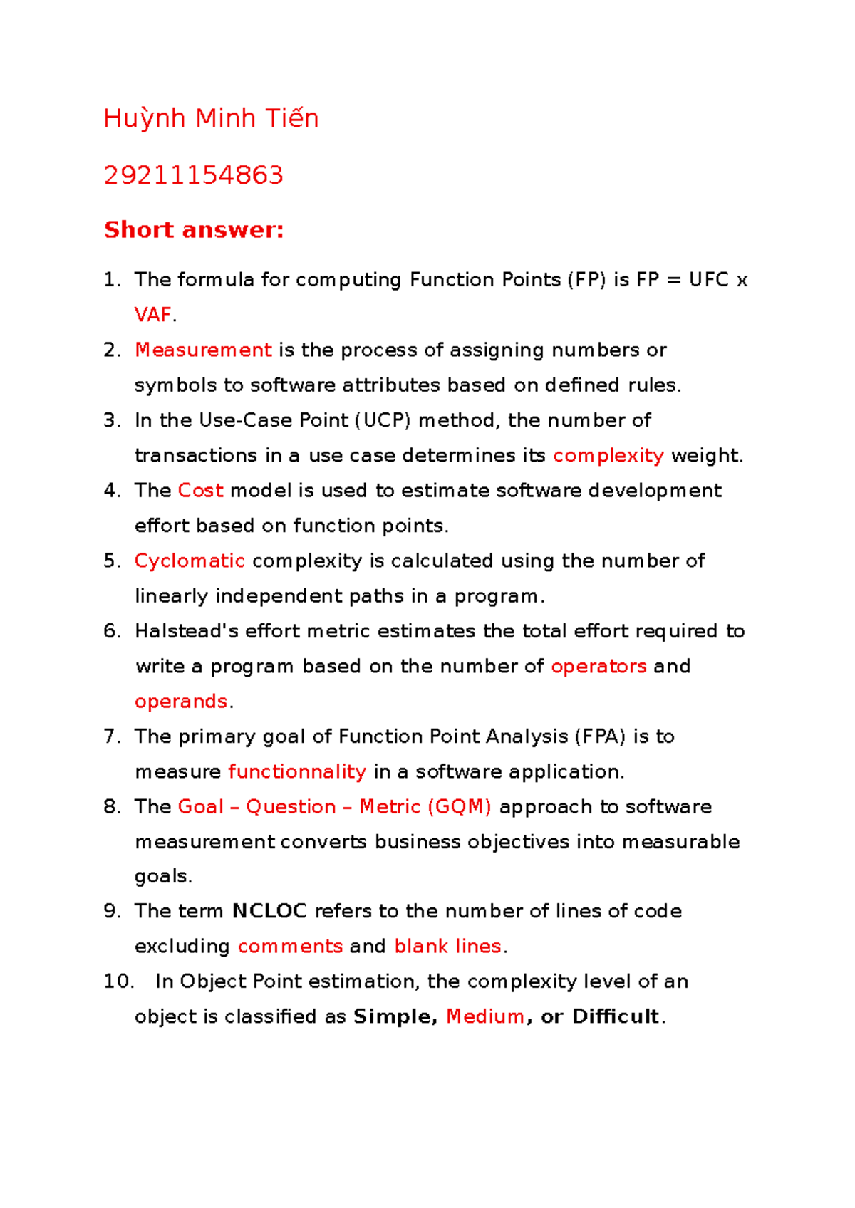 CMU-CS 462 Final Test: Key Concepts in Software Measurement and ...