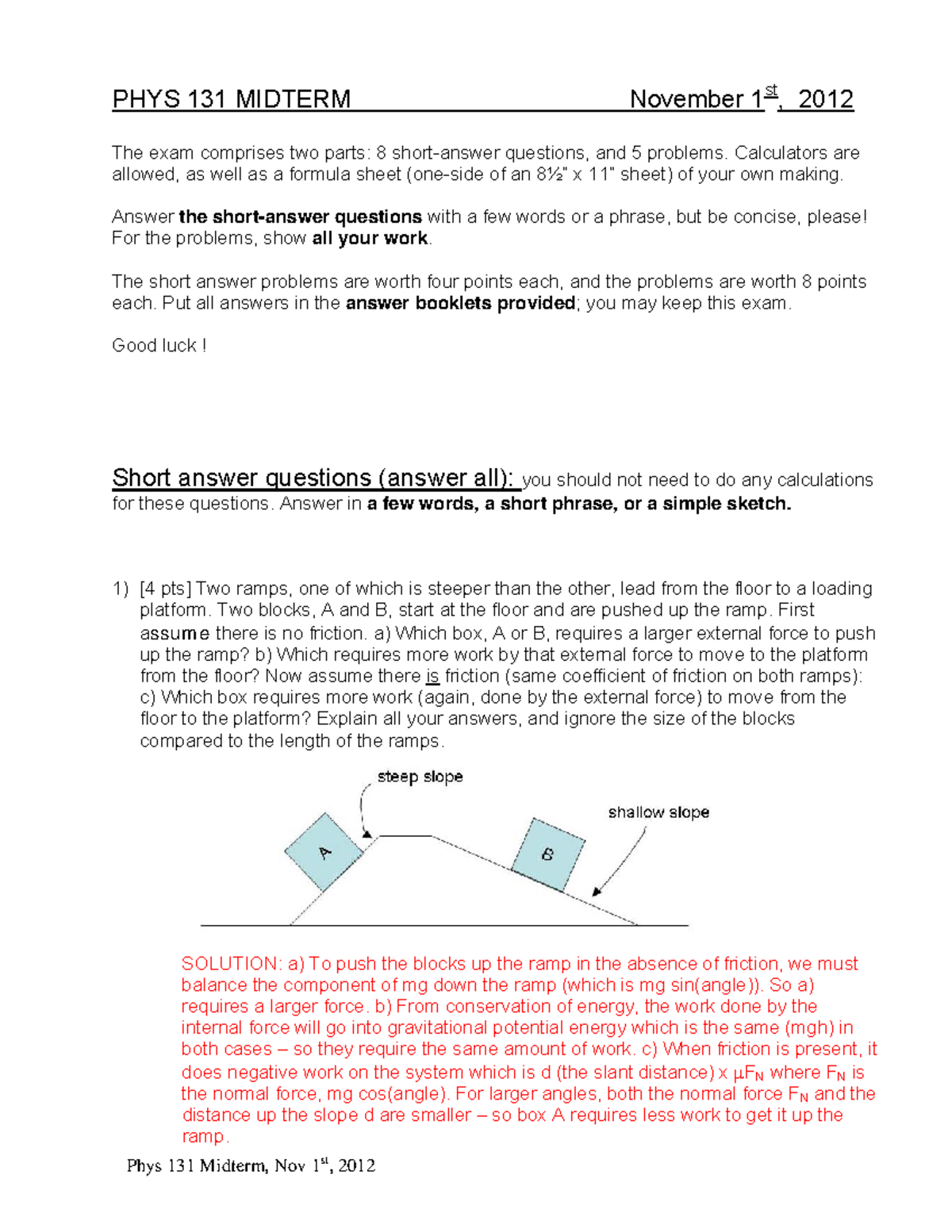 PHYS 131 MIDTERM November 2012 Exam: Questions & Answers - Studocu