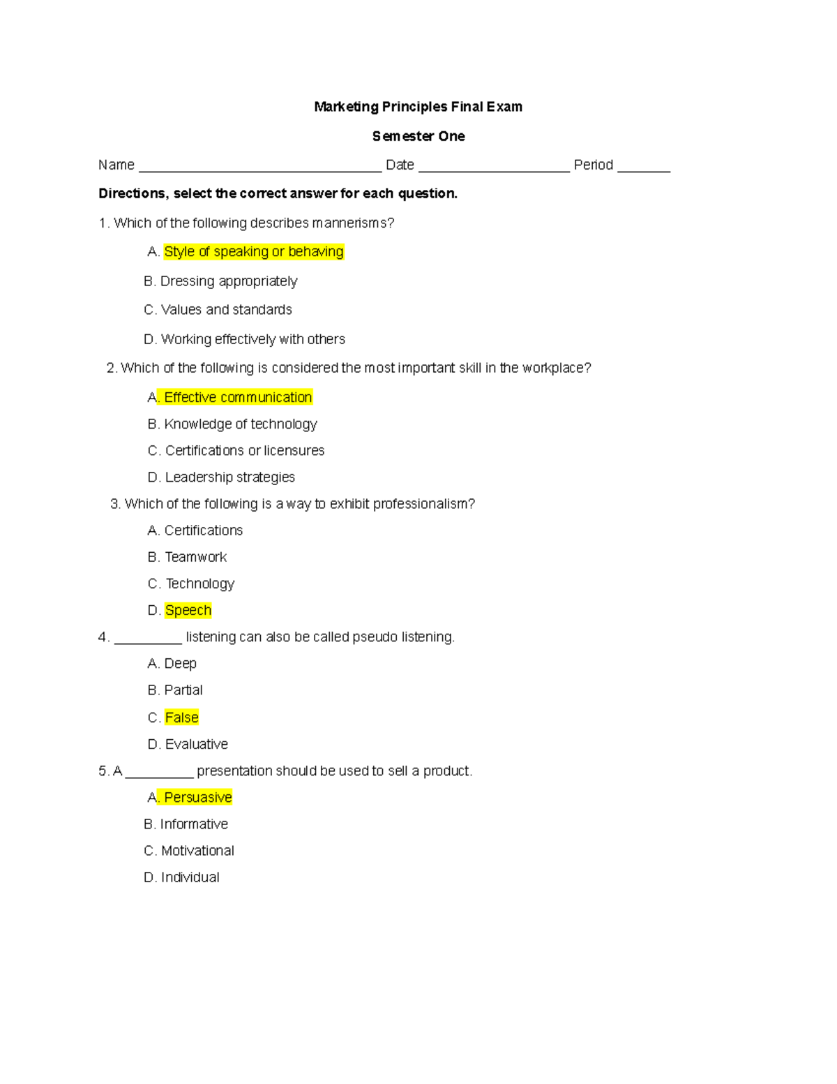 Marketing Principles Final Exam - Semester 1 Review Guide - Studocu