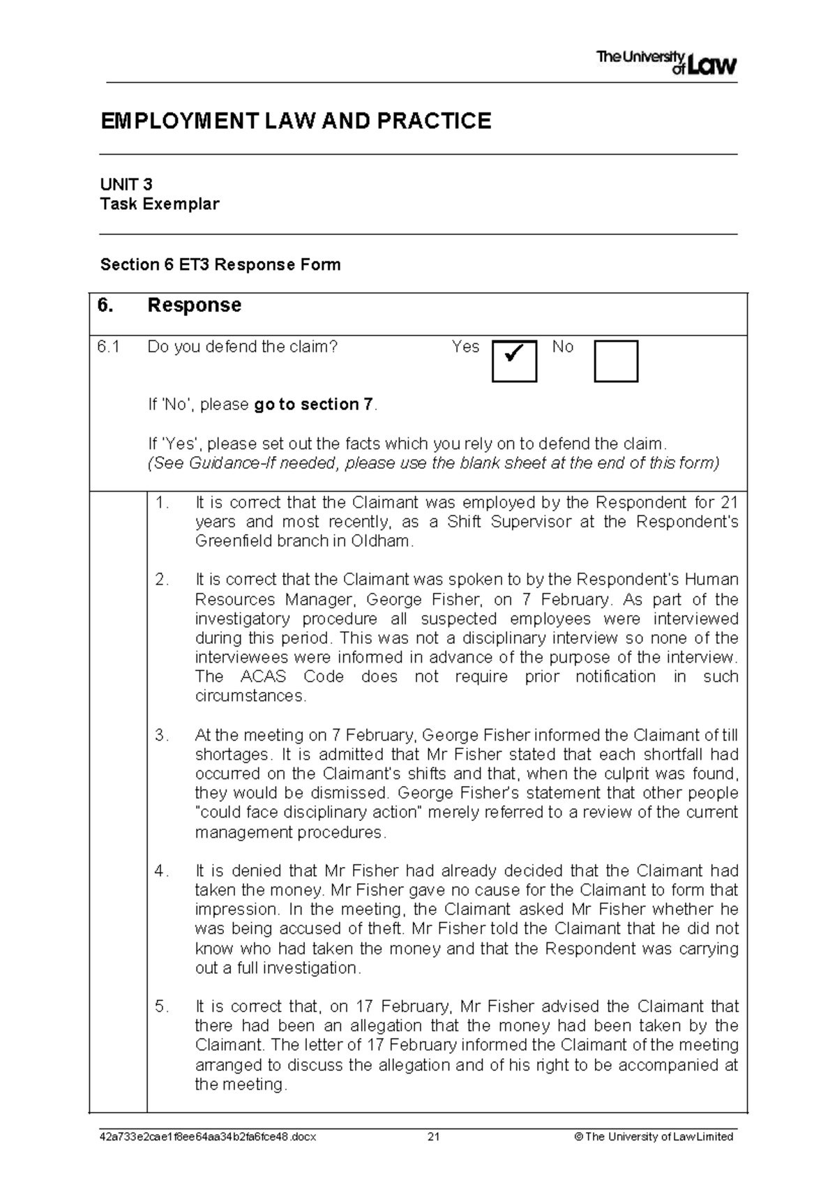 Employment Law & Practice Unit 3: ET3 Response Form Exemplar - Studocu
