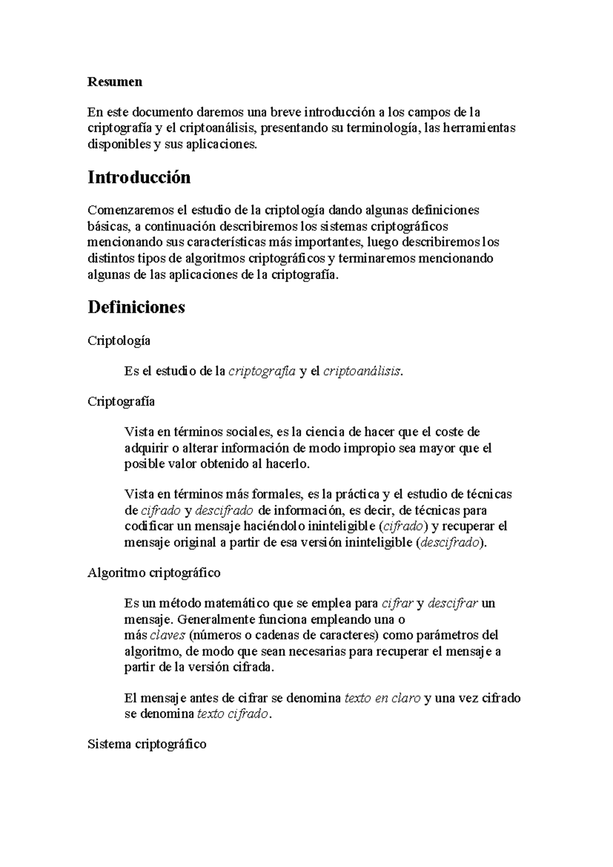 Resumen De Criptografía Y Criptoanálisis Introducción Y Aplicaciones