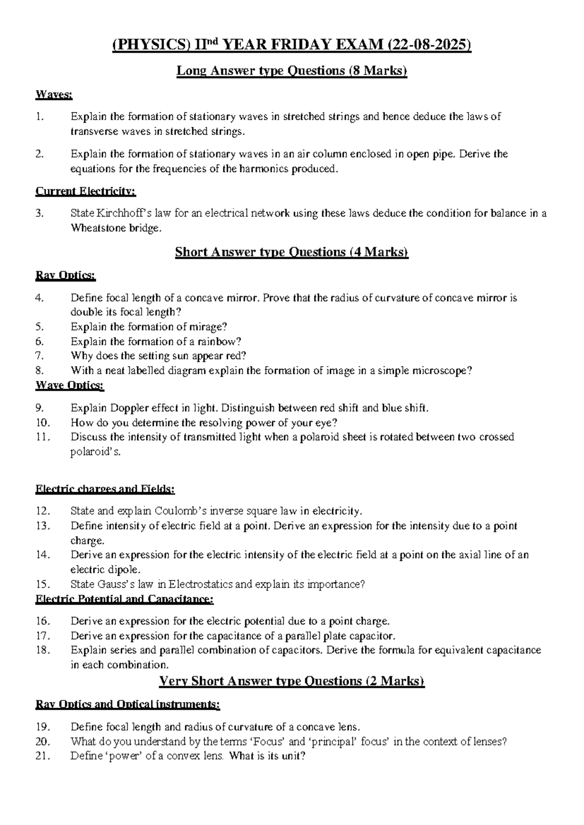 (Physics) IInd YEAR Friday EXAM Long Answer & Short Answer Questions ...