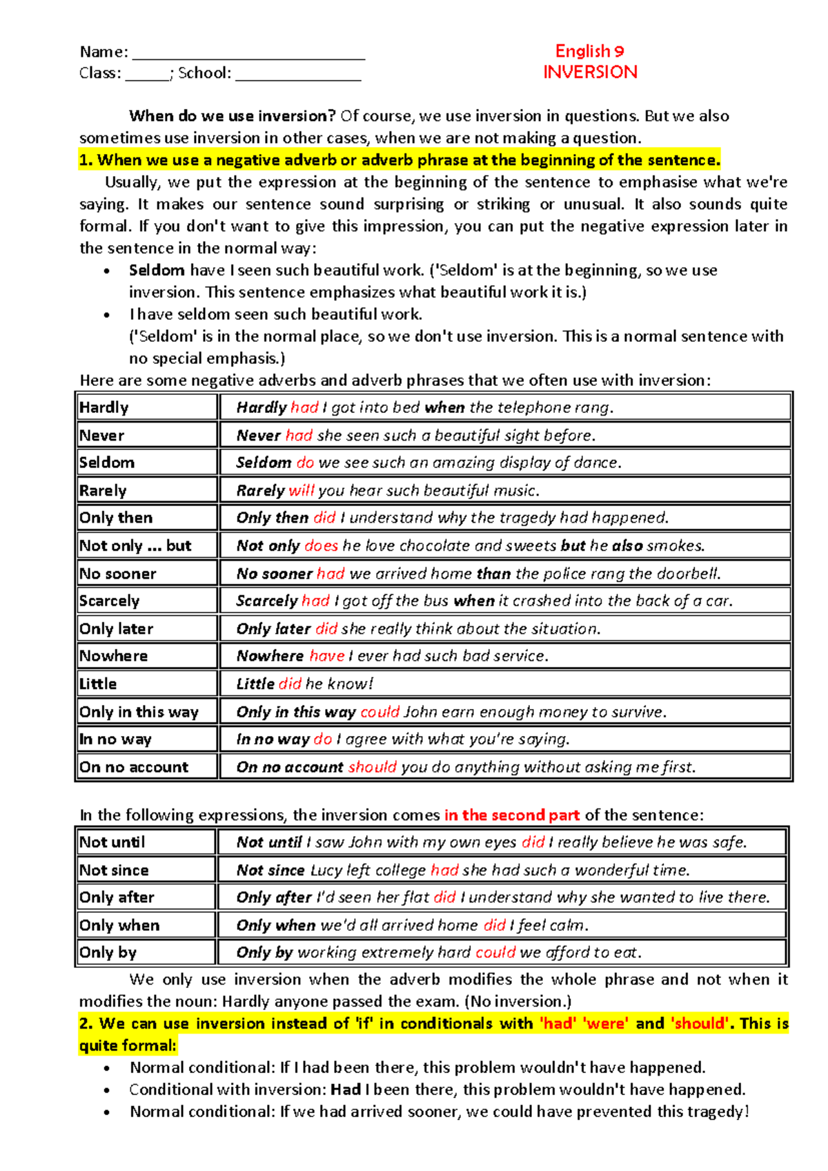 English 9 INVERSION: Rewrite Exercises and Examples - Studocu