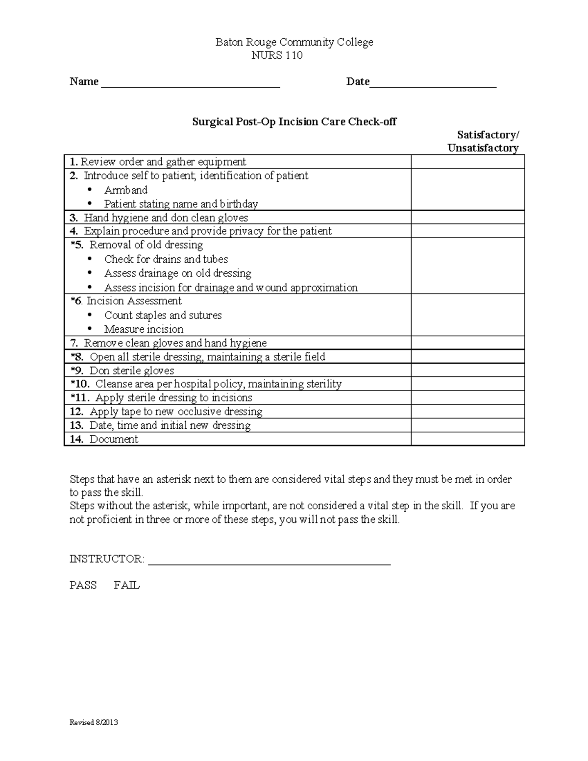 NURS 110 Surgical Incision Care Checkoff Guide - Studocu