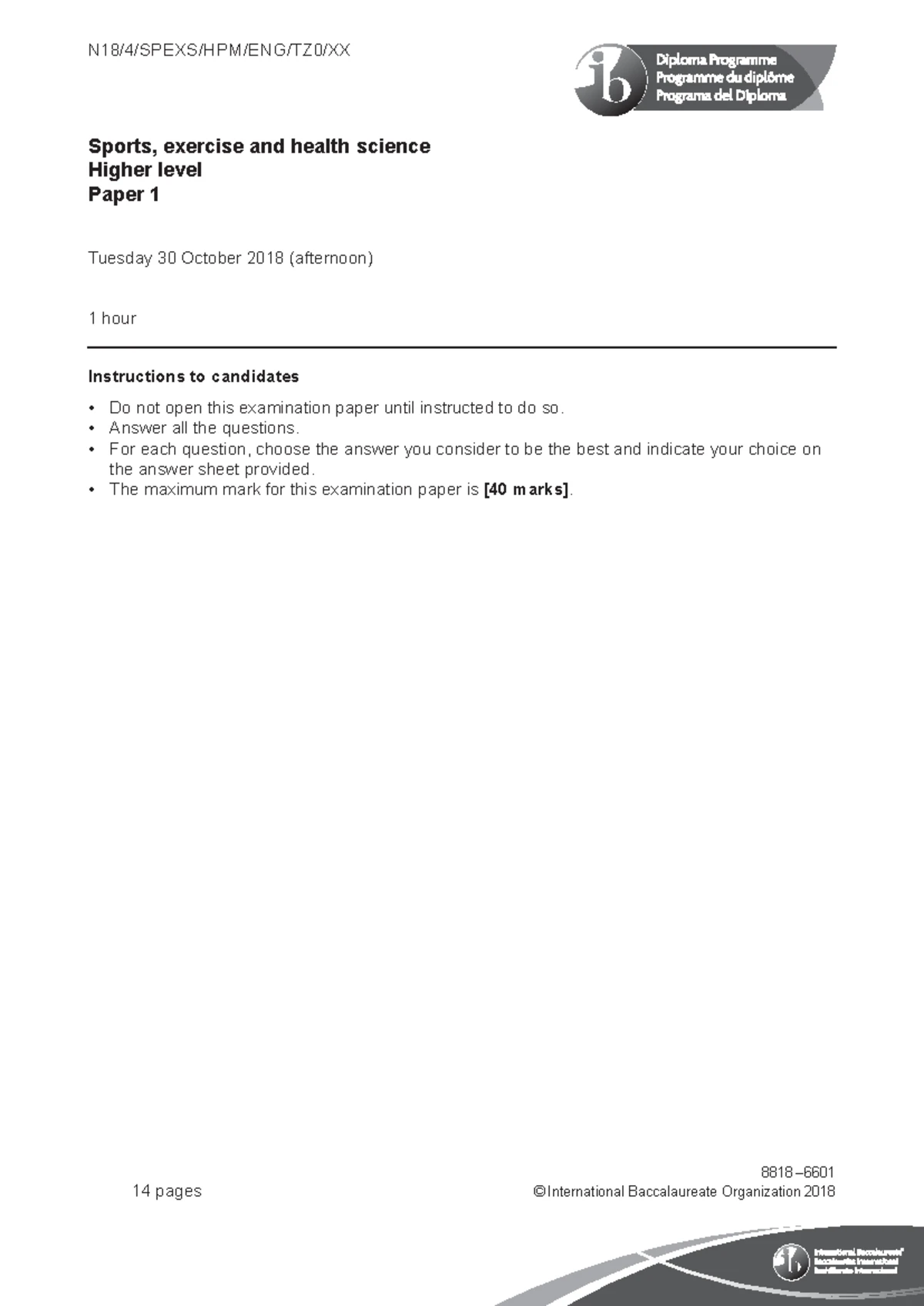 SEHS 20EP01 Sports, Exercise and Health Science HL Paper 2 Practice ...