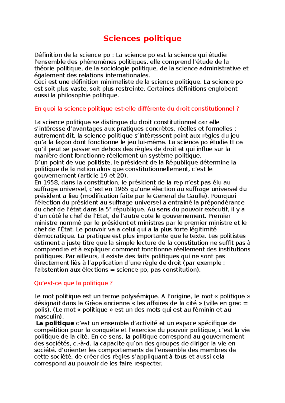 Sciences Politique - Cours de L1 : Définition et Concepts Clés - Studocu