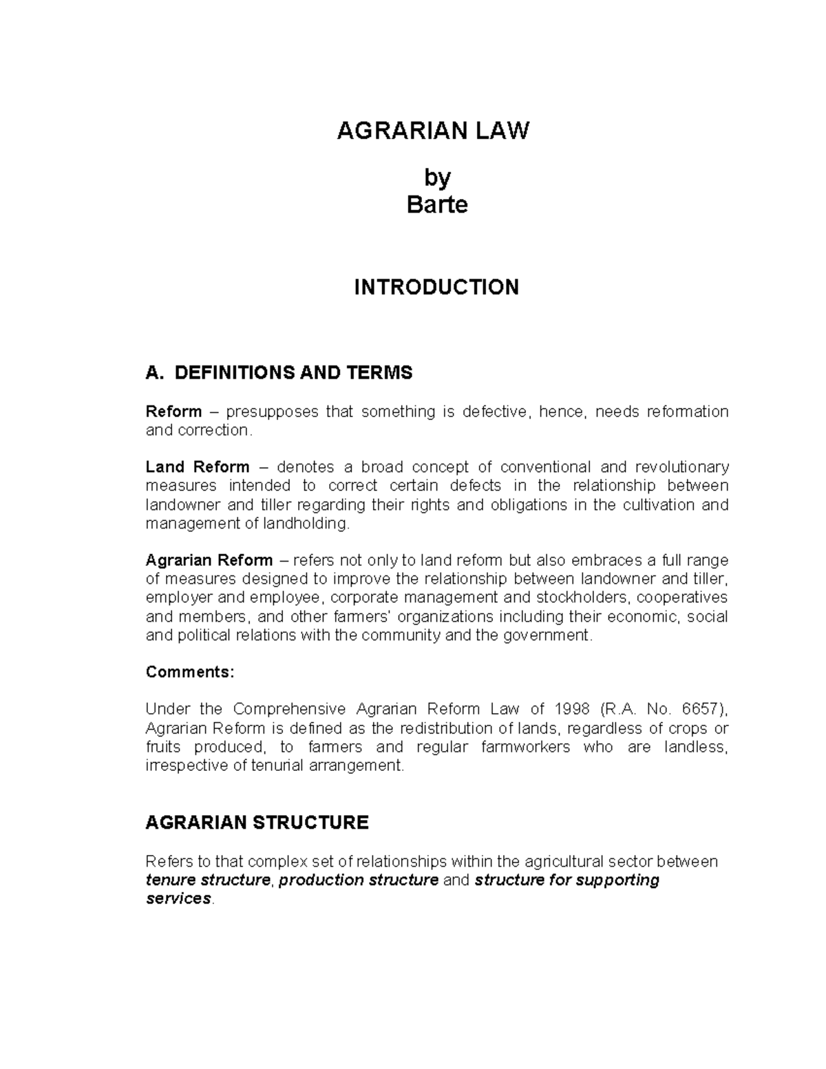 Agrarian LAW AND Social Legislation - AGRARIAN LAW by Barte ...
