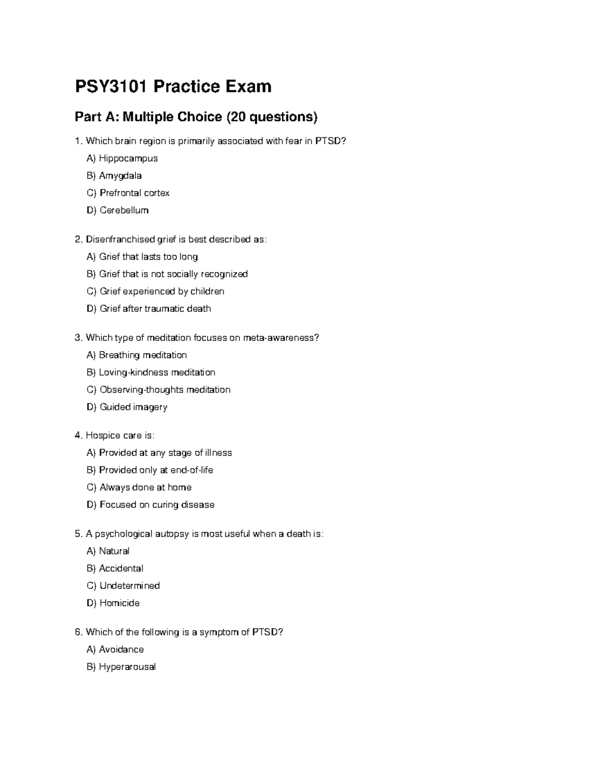 PSY3101 Practice Exam: Multiple Choice & Short Answer Review - Studocu