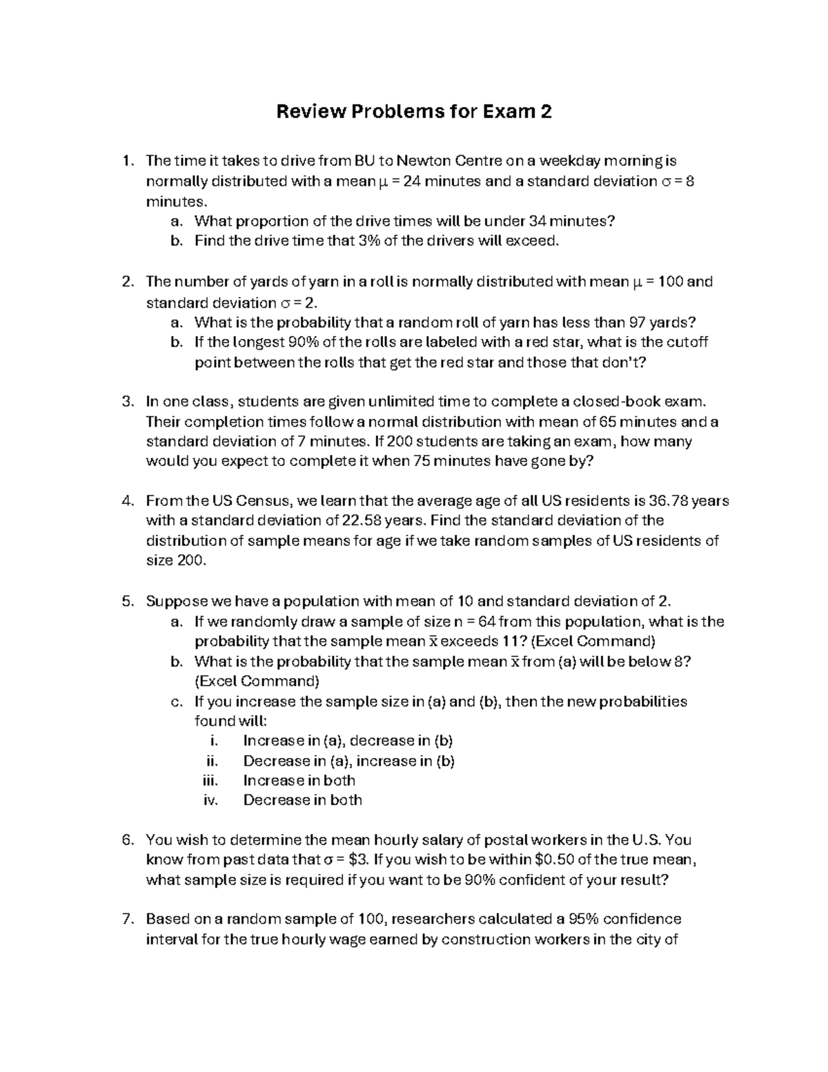 Exam 2 review questions for statistics: Normal distribution problems ...