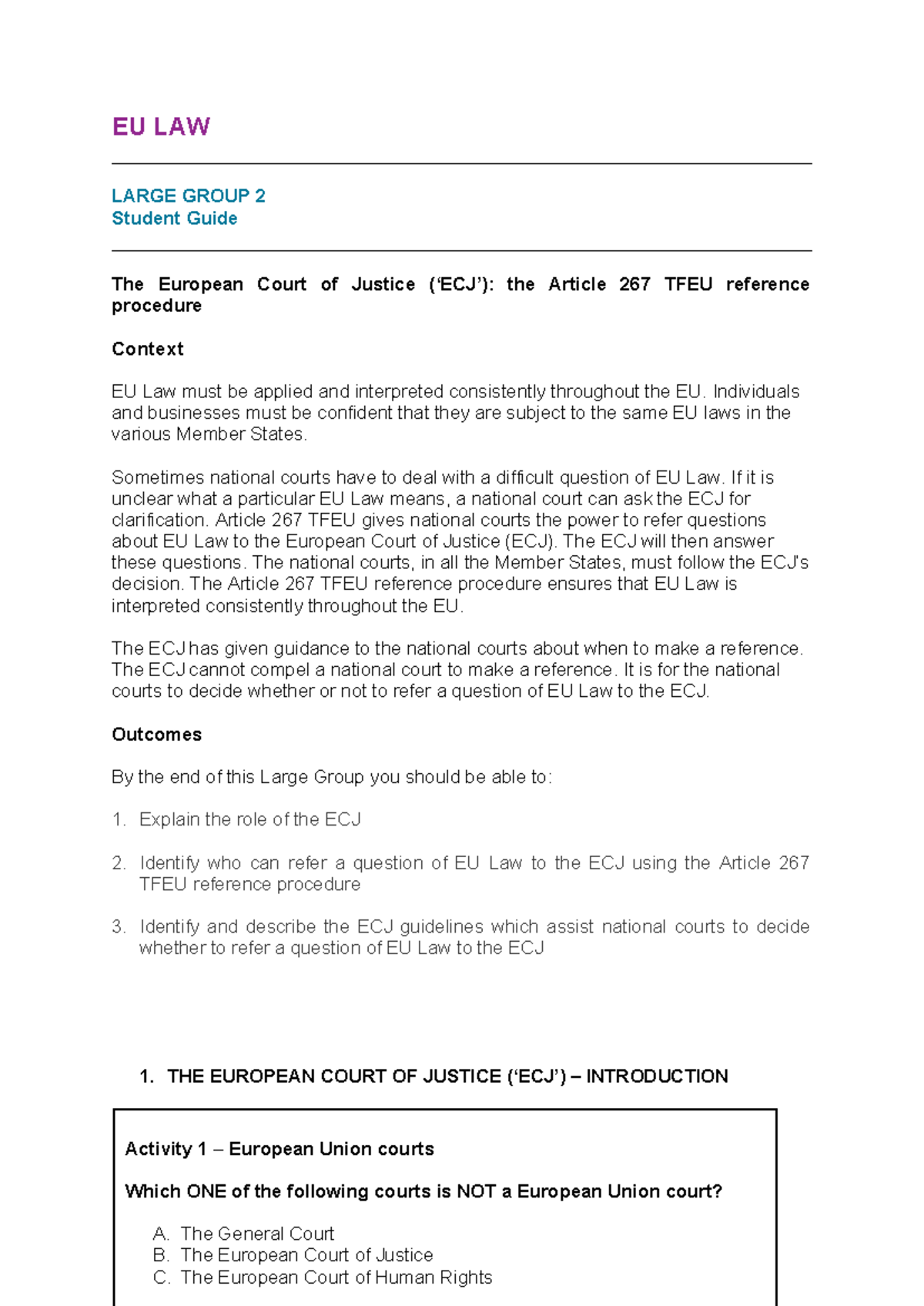 Unit 2: Understanding the ECJ and Article 267 TFEU Reference Procedure ...