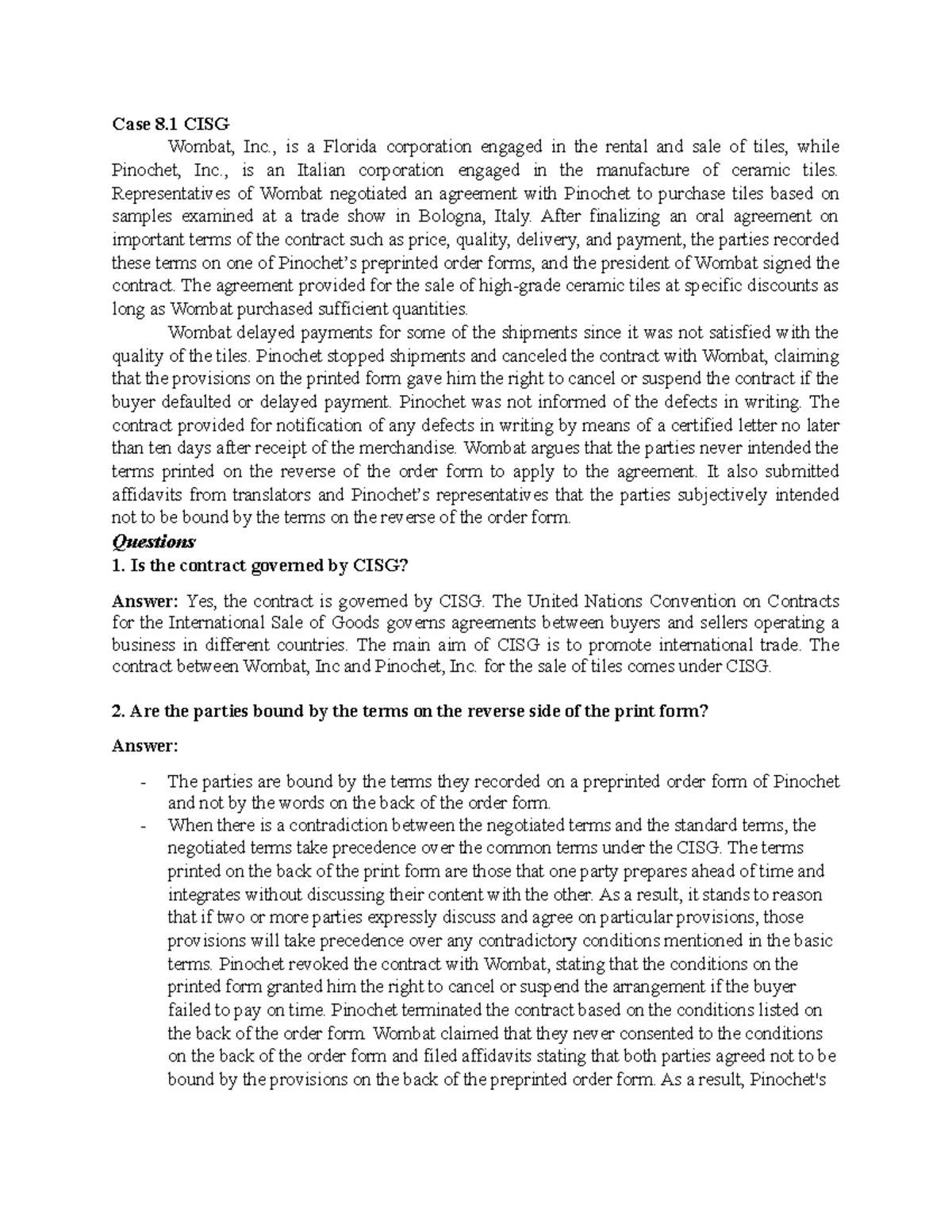 SCM Case Studies & Analysis - Chap 8 CISG Insights - Studocu