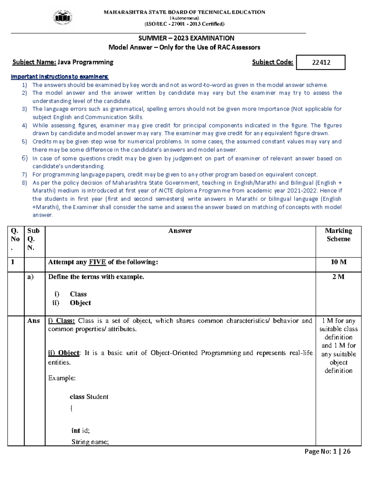 22412 - Java Programming Exam Model Answers for Summer 2023 - Studocu