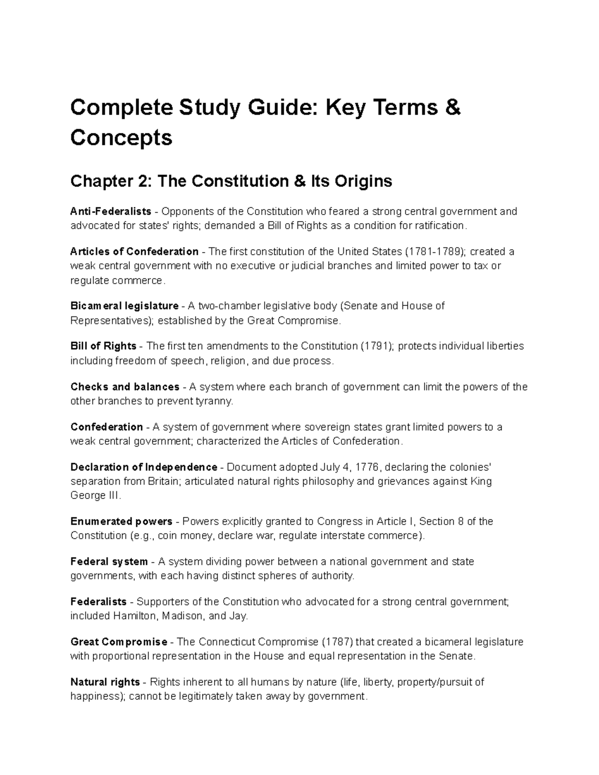 Comprehensive Study Guide: Key Concepts in American Government (POL 101 ...